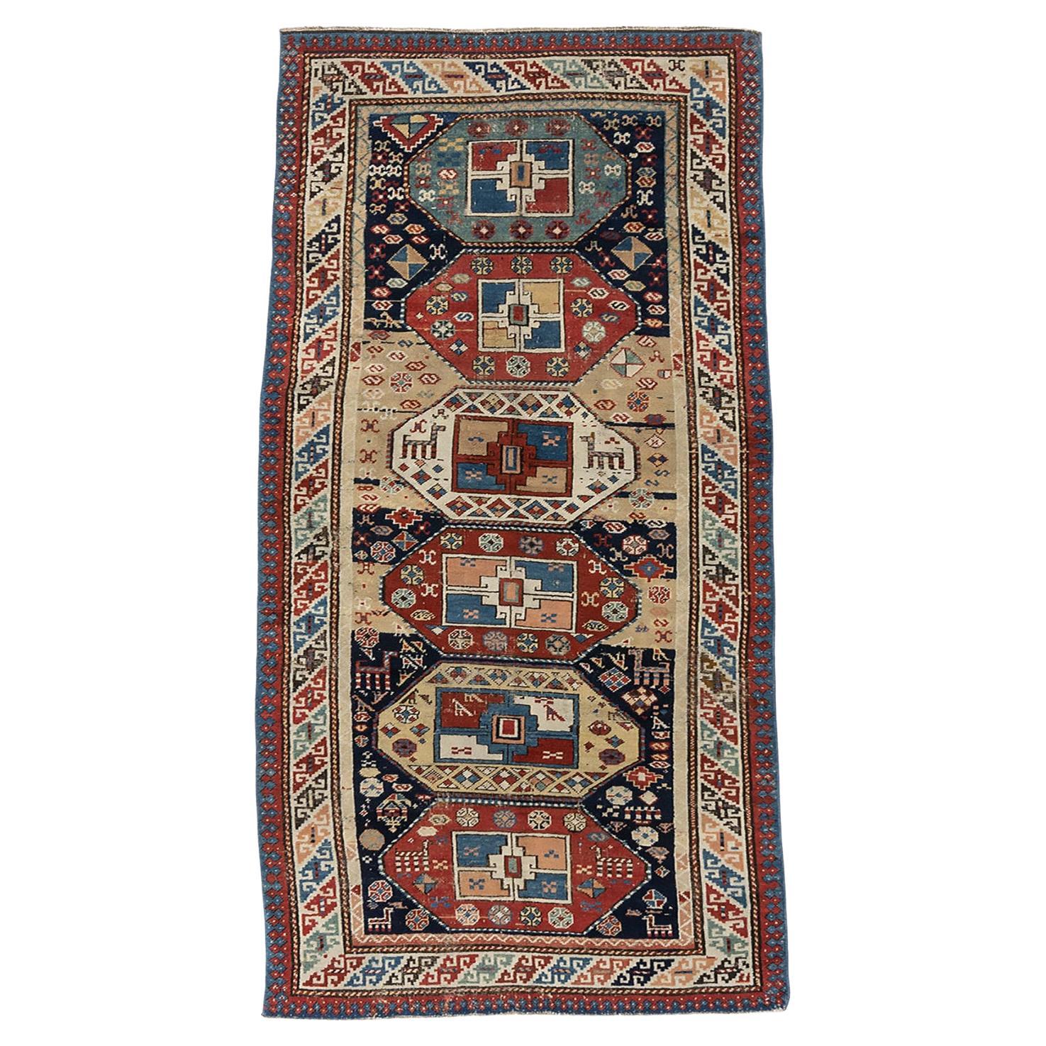 Vintage NW Blue Persian Animal Design Runner Rug 3'4 X 8'5 For Sale