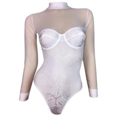 Vintage NWT 1990's Christian Dior White Sheer Mesh Monogram Logo Bodysuit Top