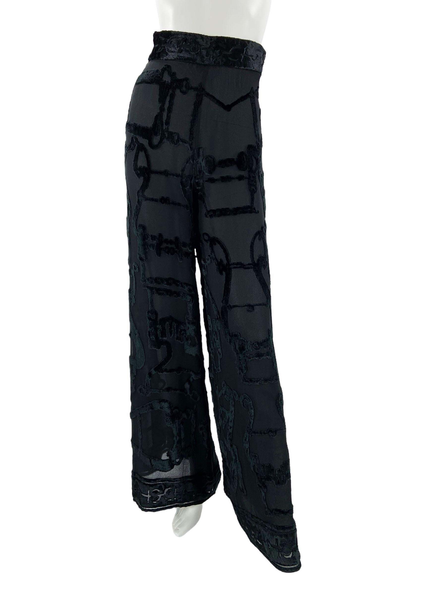 Vintage NWT Gucci SS 1993 Black Velvet & Silk Sheer Wide Leg Pants Equestrian 40 In New Condition For Sale In Montgomery, TX