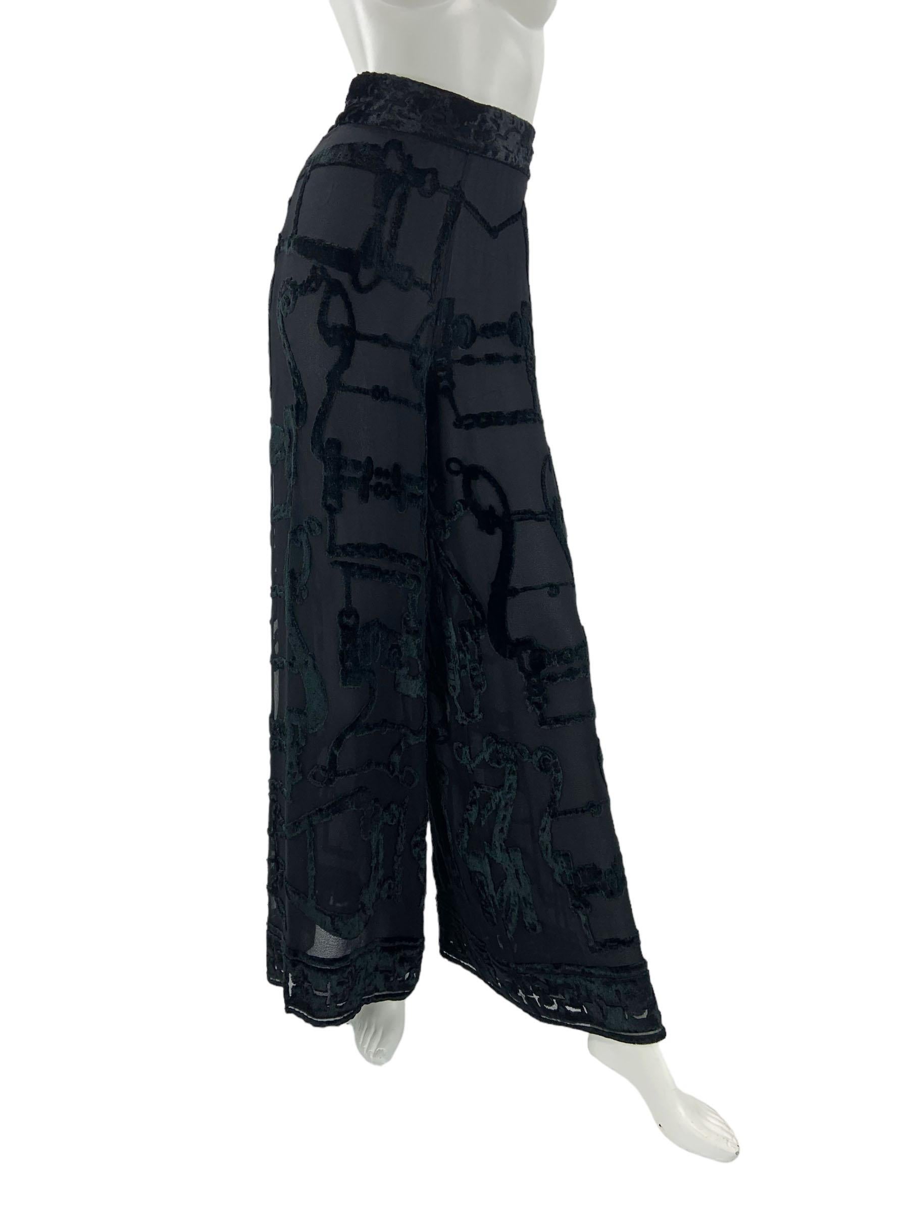 Women's Vintage NWT Gucci SS 1993 Black Velvet & Silk Sheer Wide Leg Pants Equestrian 40 For Sale