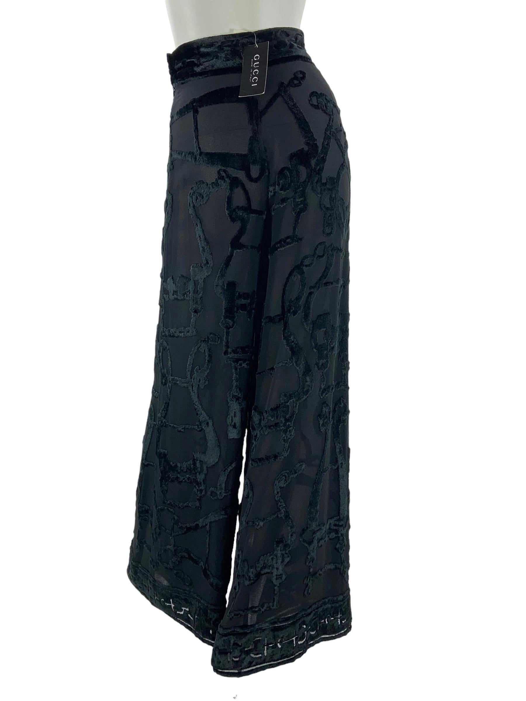 Vintage NWT Gucci SS 1993 Black Velvet & Silk Sheer Wide Leg Pants Equestrian 40 For Sale 1