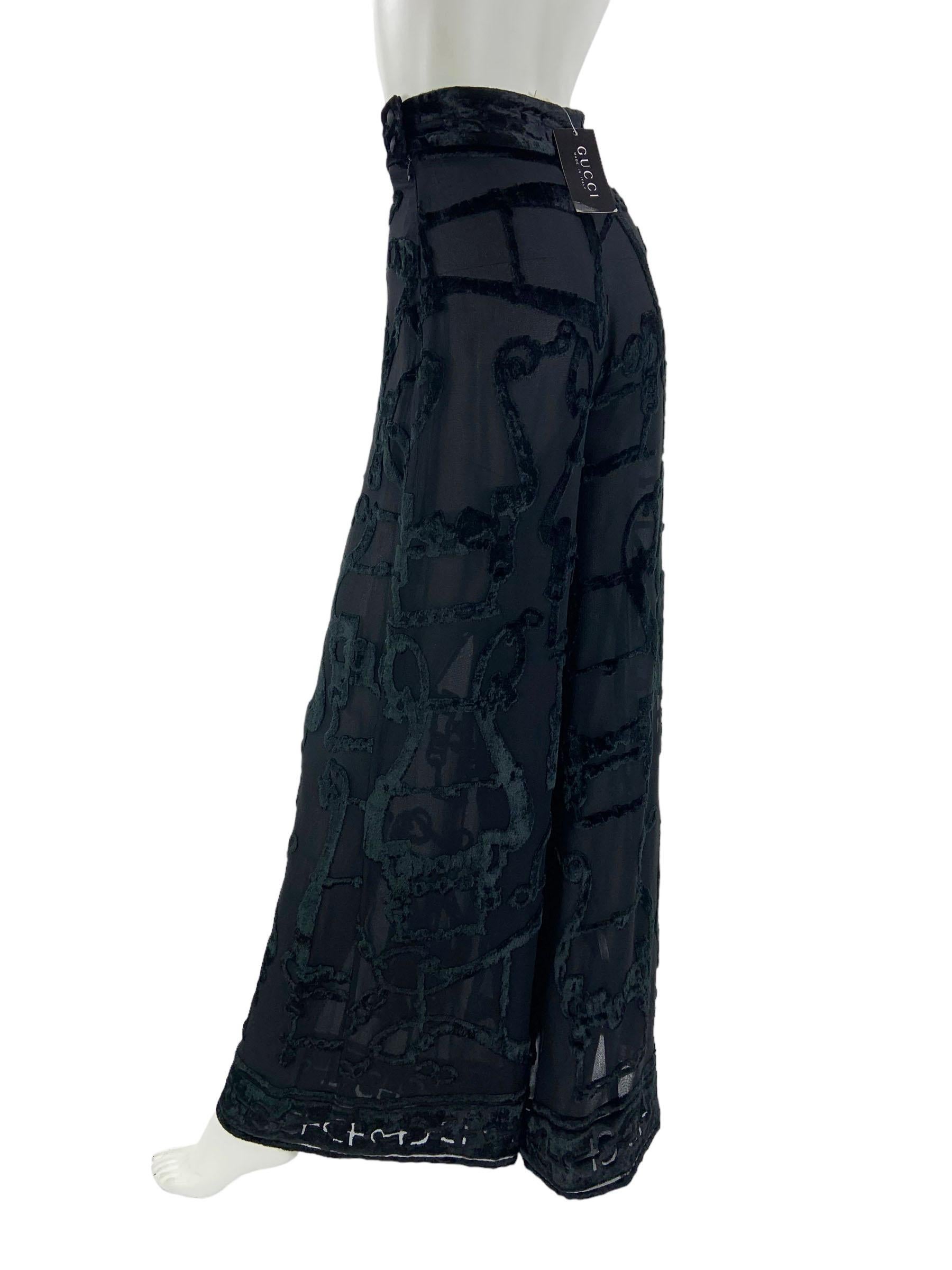 Vintage NWT Gucci SS 1993 Black Velvet & Silk Sheer Wide Leg Pants Equestrian 40 For Sale 2