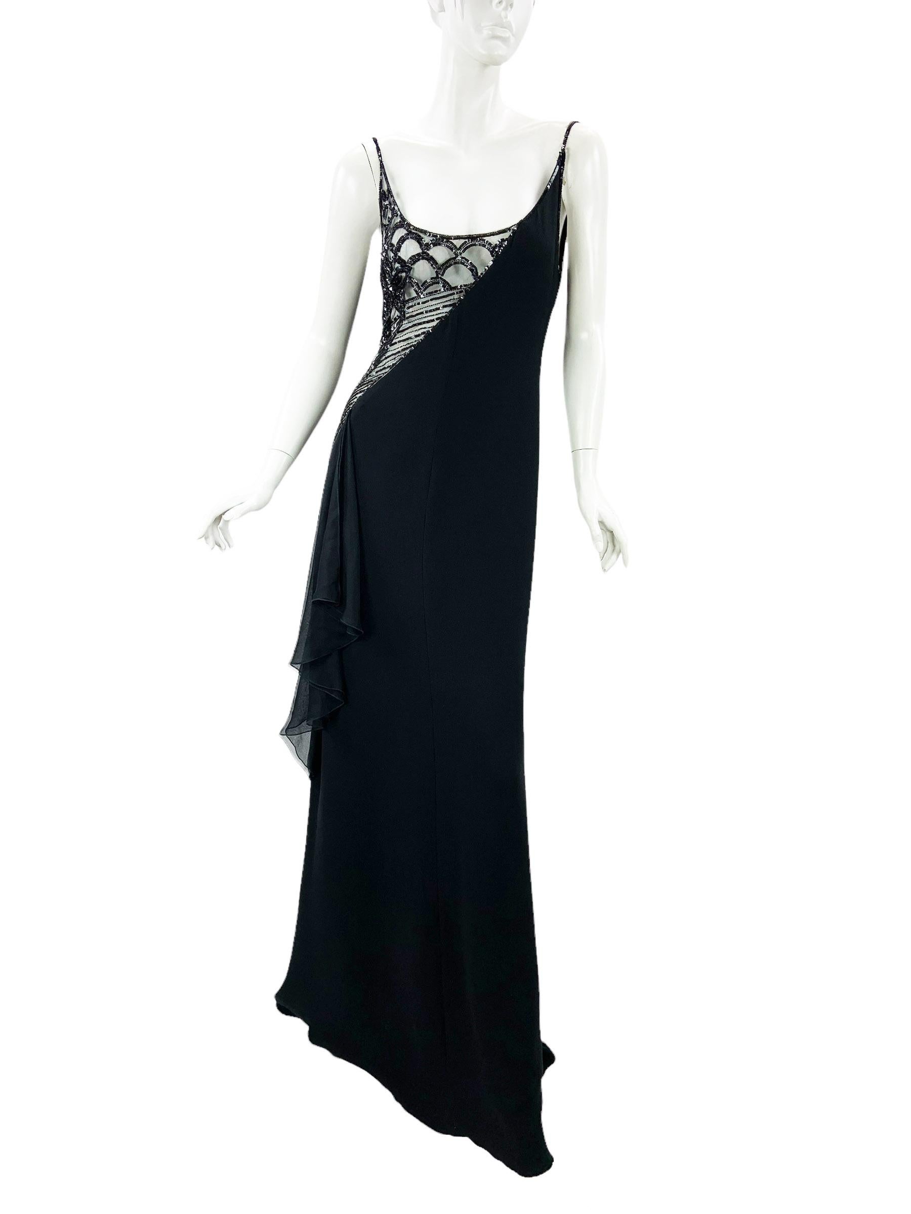 Vintage NWT Valentino FW Runway 2006 Sheer Side Silk Embellished Dress Gown US 6 In New Condition For Sale In Montgomery, TX