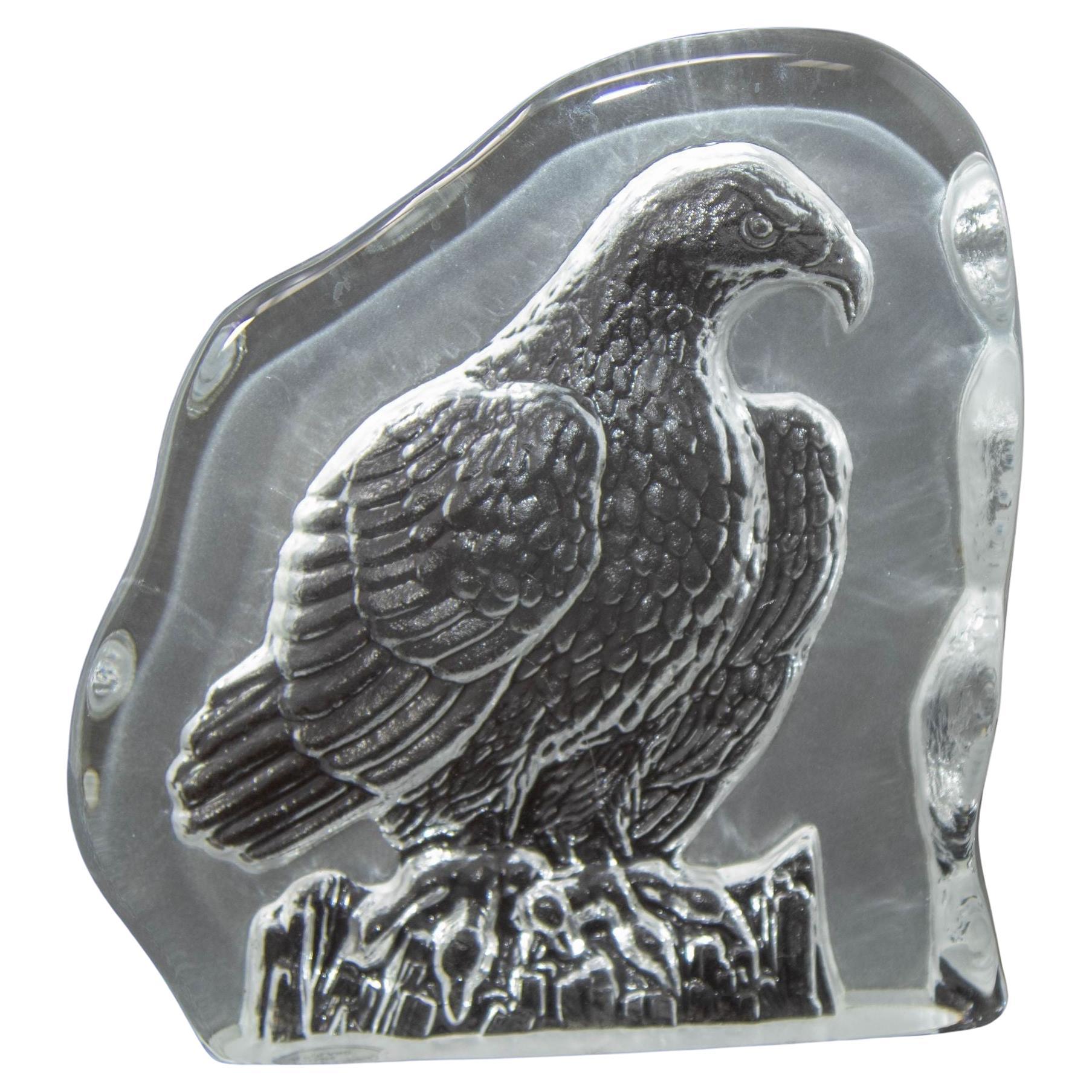 Vintage Nybro Polen große geätzte Weißkopfseeadler Kristall Kunst Glas Briefbeschwerer