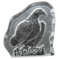 Vintage Nybro Poland Large Etched Bald Eagle Crystal Art Glass Paperweight