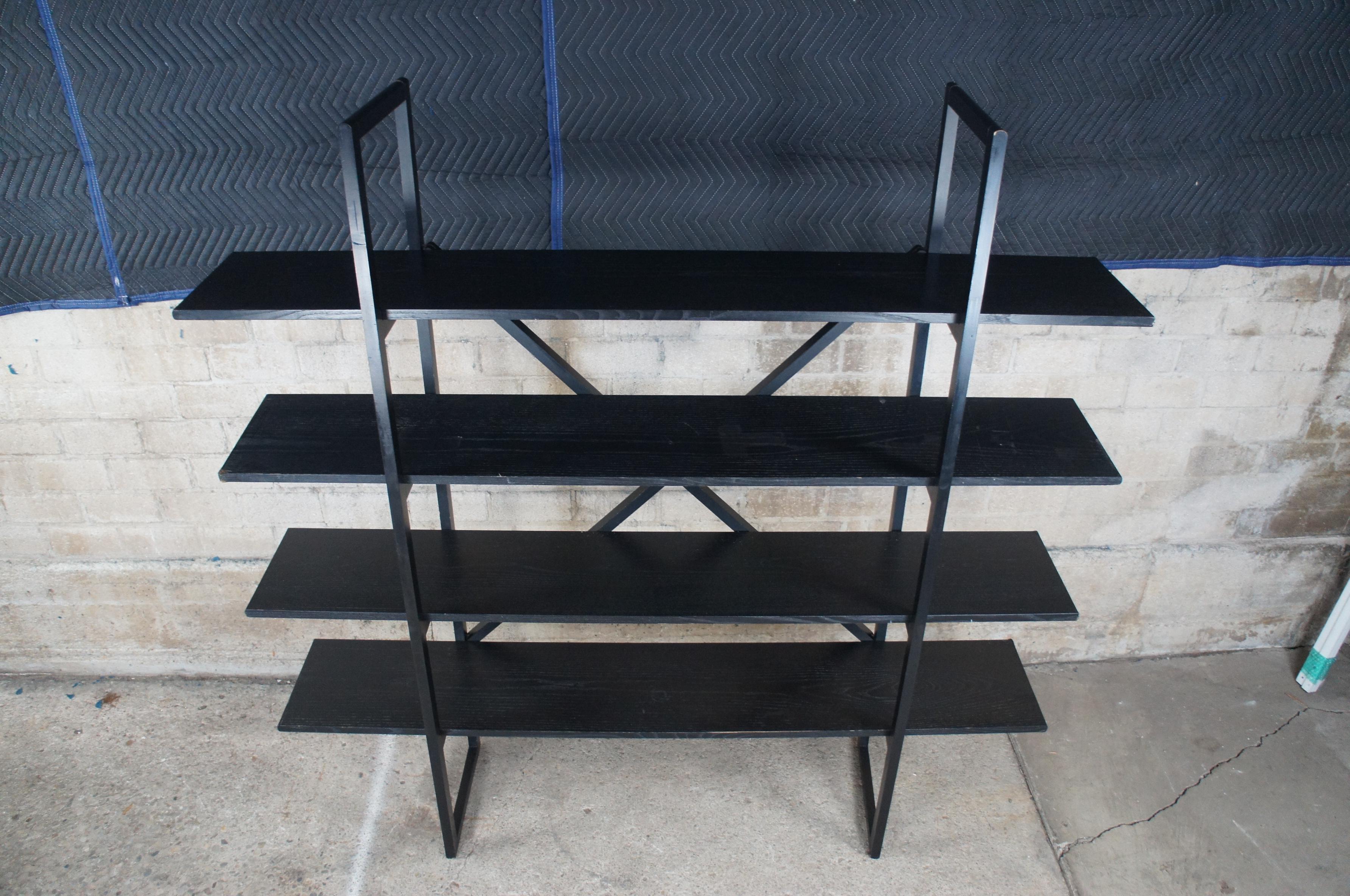 Vintage Oak 4 Tier Industrial x Frame Freestanding Bookcase Etagere Shelf In Good Condition For Sale In Dayton, OH