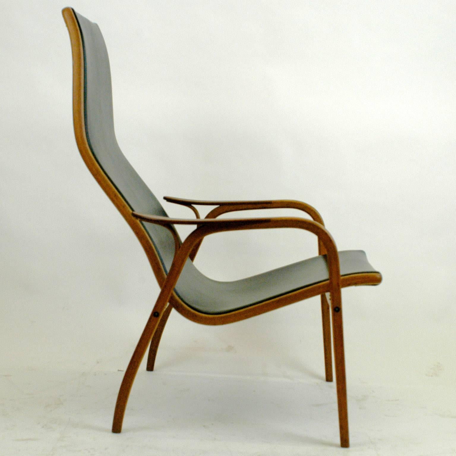 Scandinavian Modern Vintage Oak and Black Leather Highback Lamino Chair by Yngve Ekstrom for Swedese