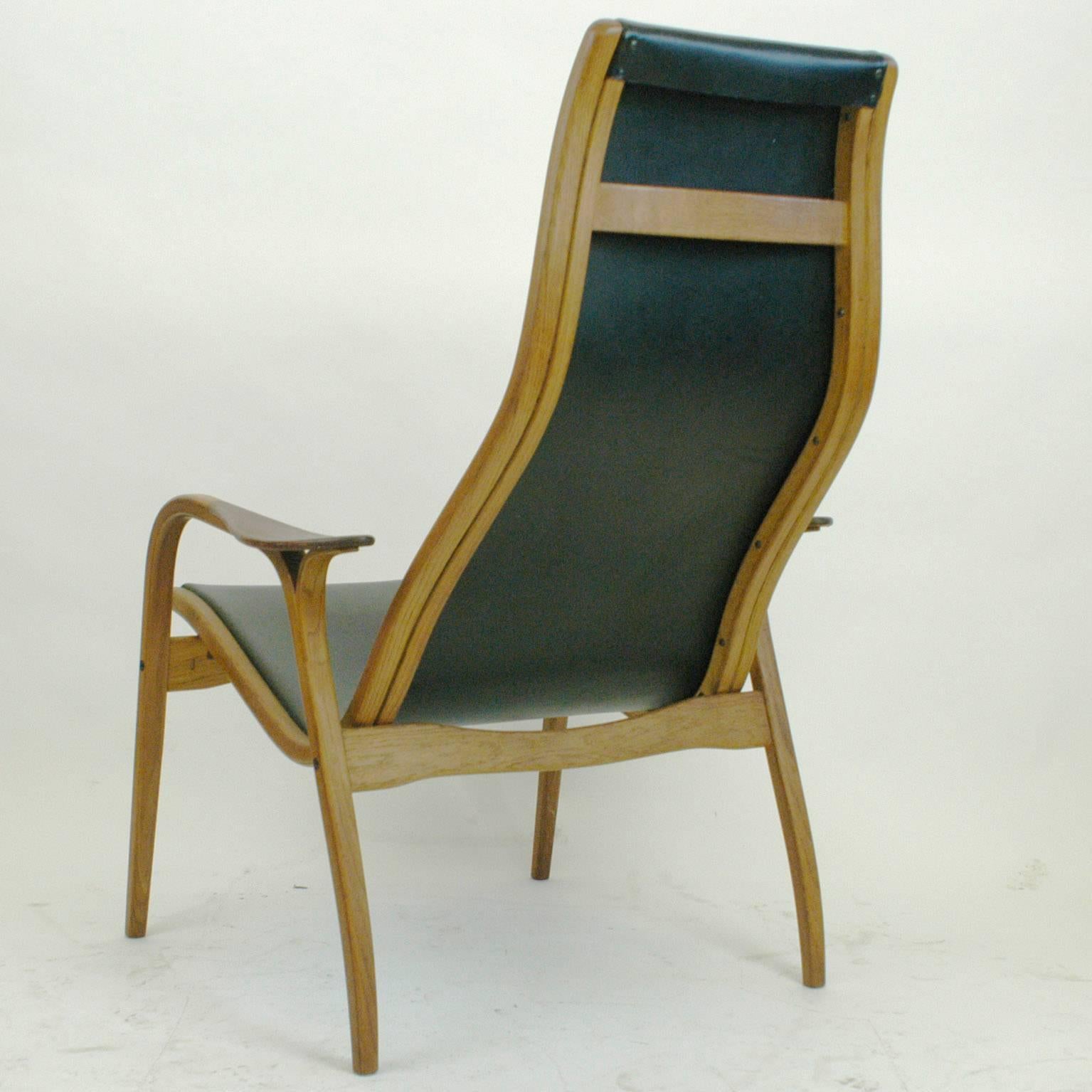 Swedish Vintage Oak and Black Leather Highback Lamino Chair by Yngve Ekstrom for Swedese