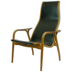 Vintage Oak and Black Leather Highback Lamino Chair by Yngve Ekstrom for Swedese