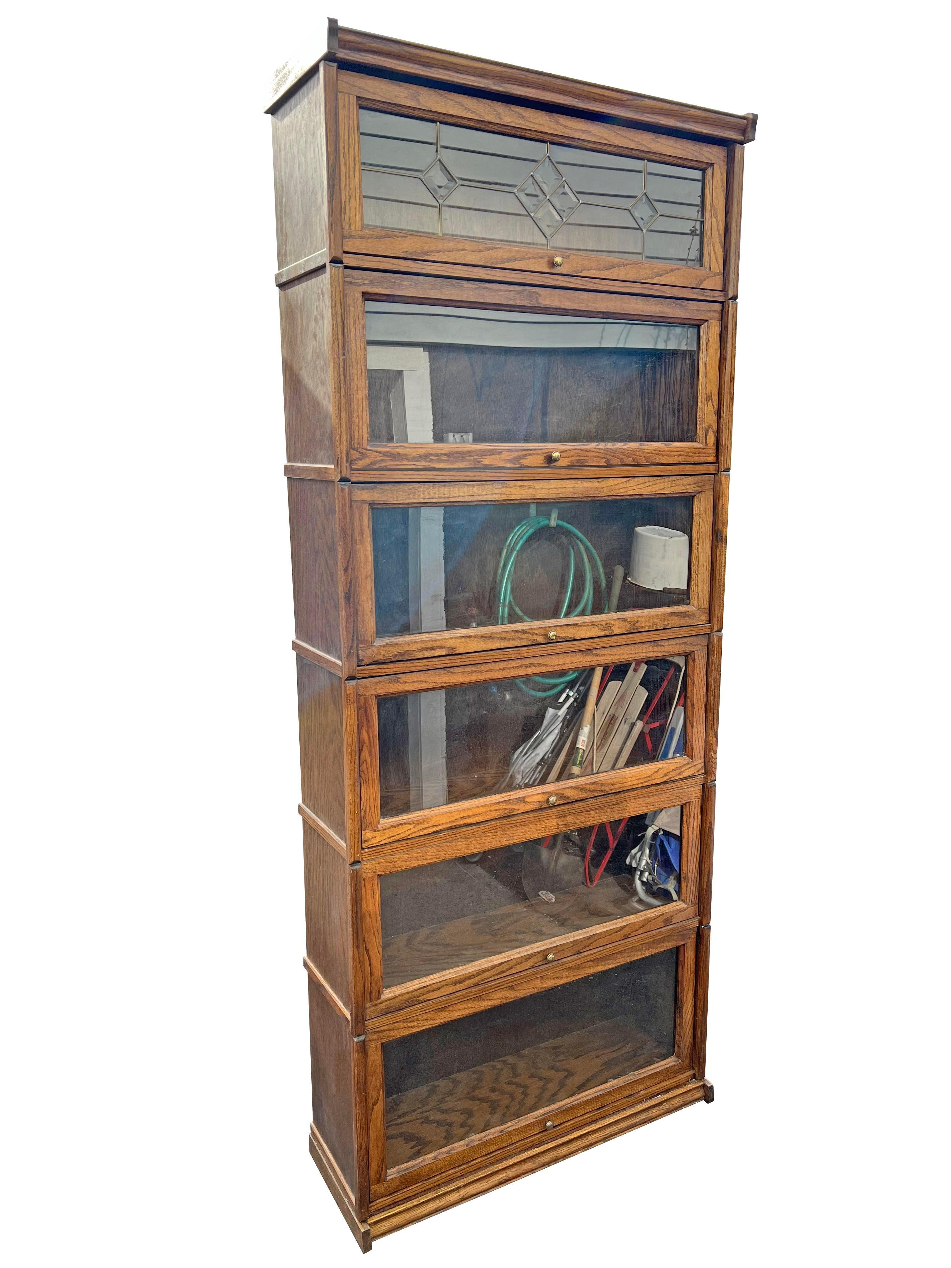 American Vintage Oak and Glass Barrister Style Bookcase Shelving 6 Stack. One Piece Unit