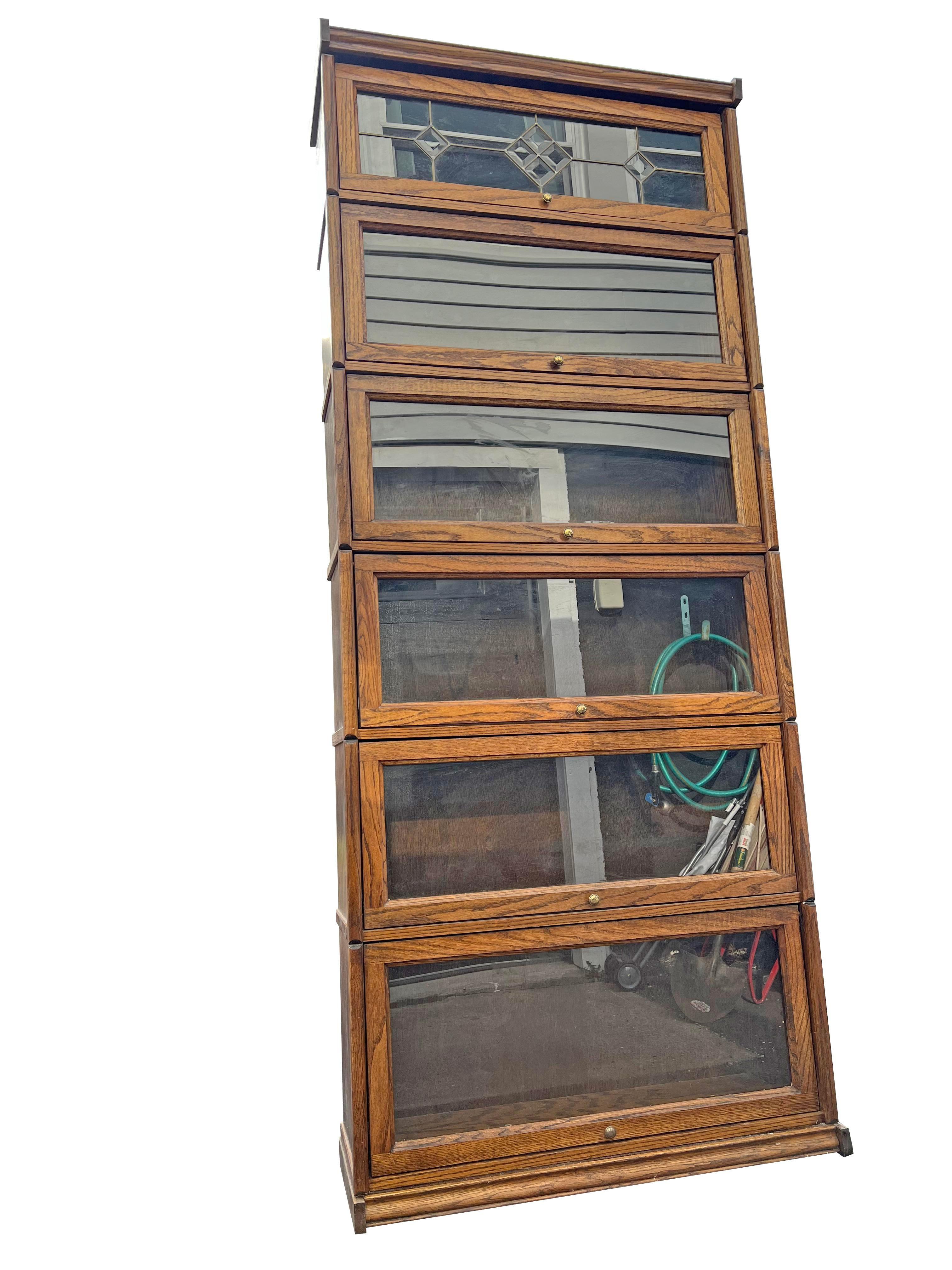 Late 20th Century Vintage Oak and Glass Barrister Style Bookcase Shelving 6 Stack. One Piece Unit