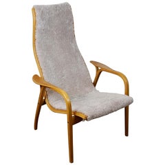Chaise Lamino en chêne vintage et peau de mouton grise par Yngve Ekstrom pour Swedese