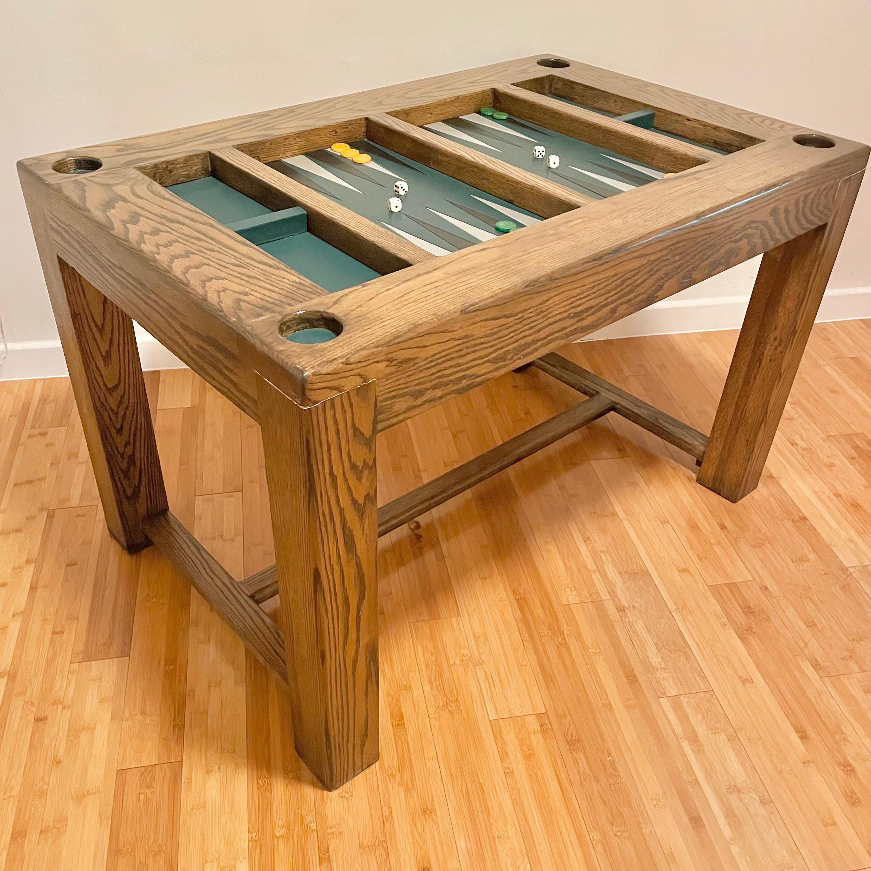 Table de backgammon vintage en chêne et cuir 6