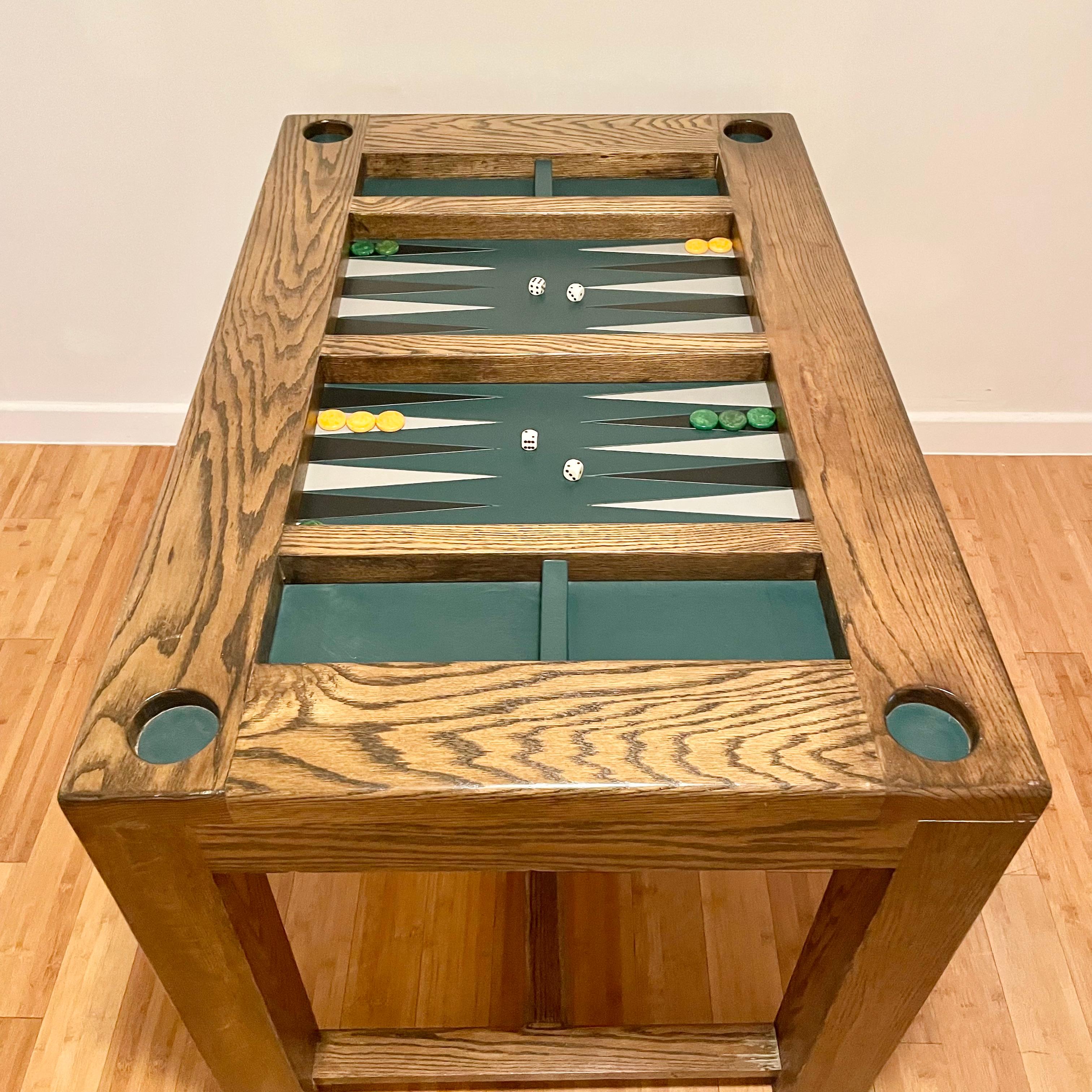 Table de backgammon vintage en chêne et cuir 7