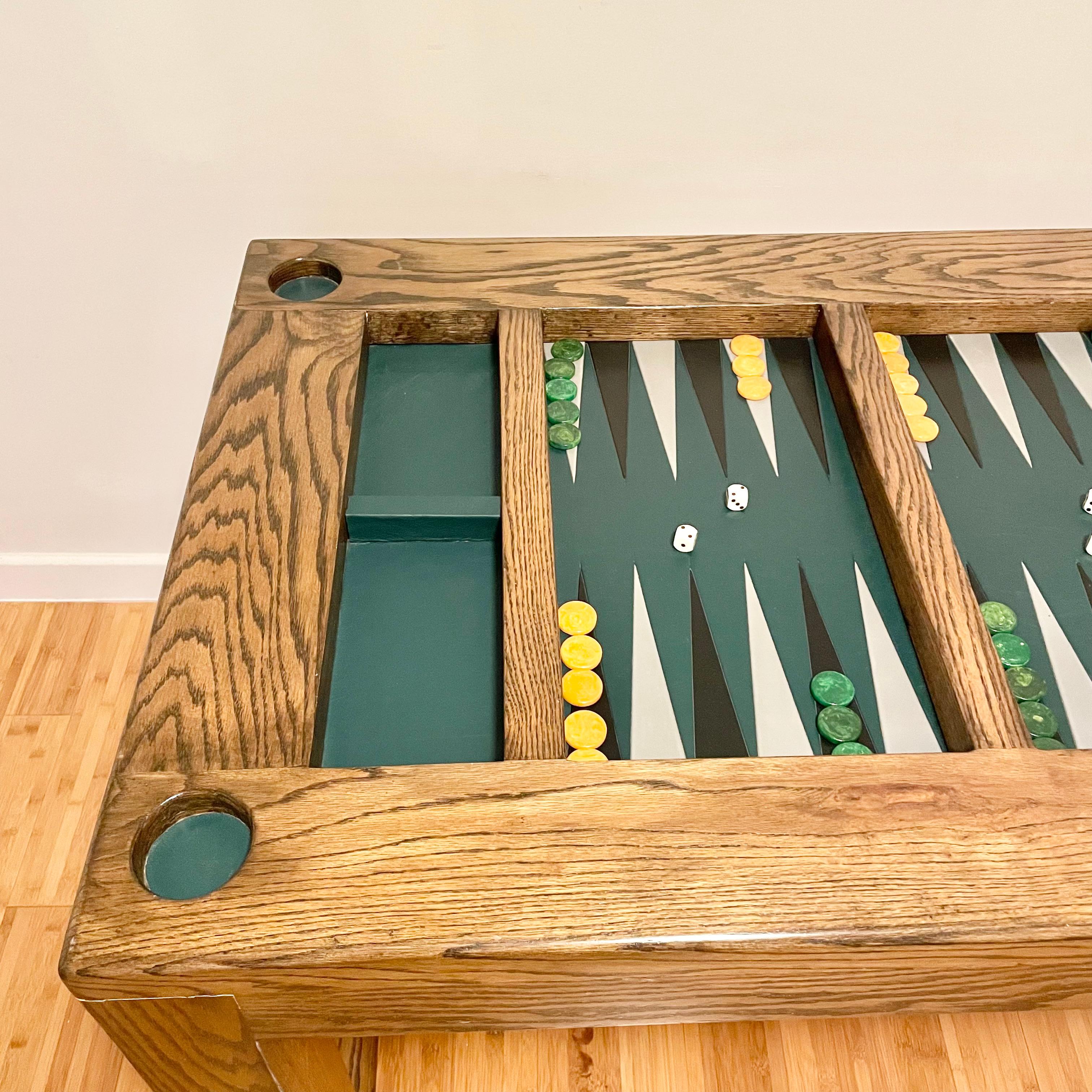 Table de backgammon vintage en chêne et cuir 1