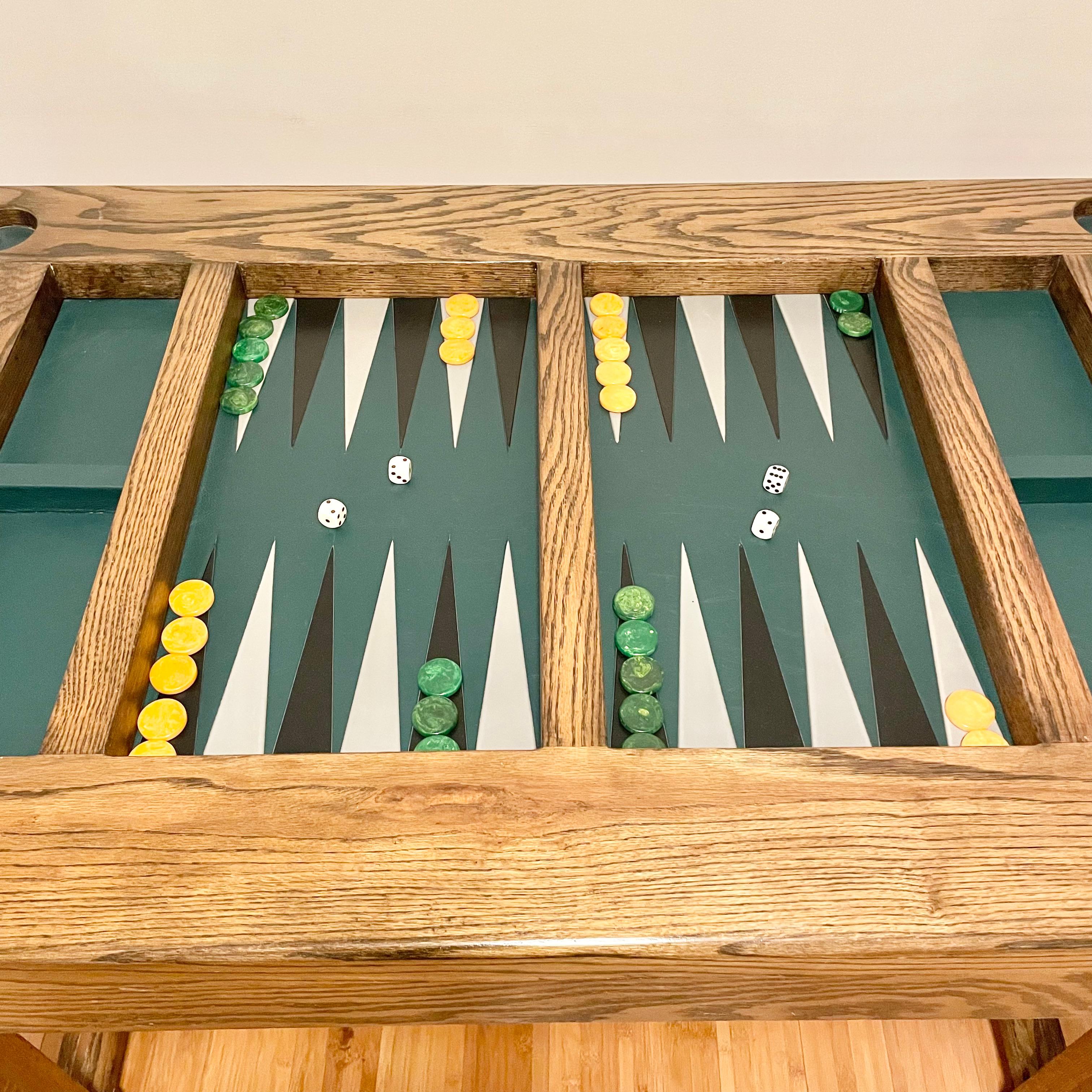 Table de backgammon vintage en chêne et cuir 2