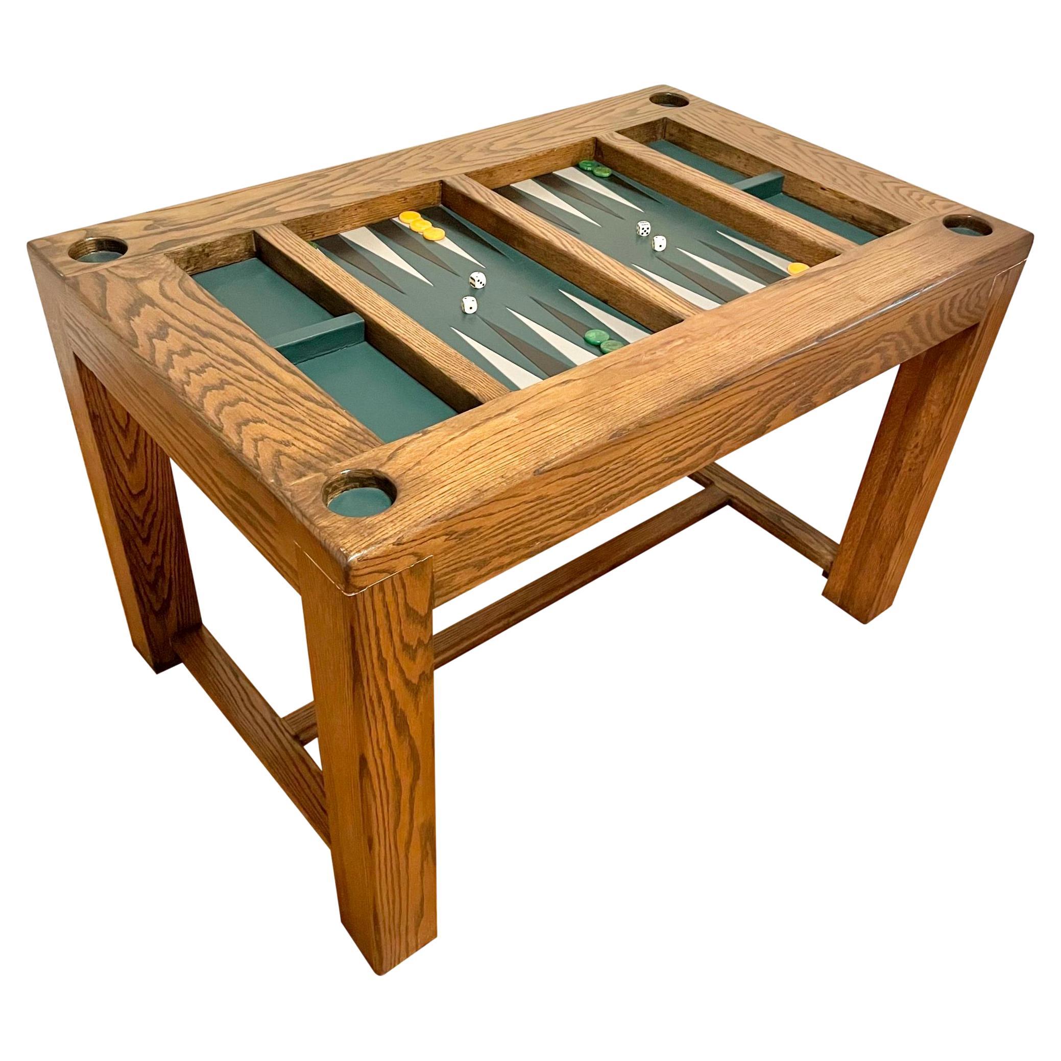 Table de backgammon vintage en chêne et cuir