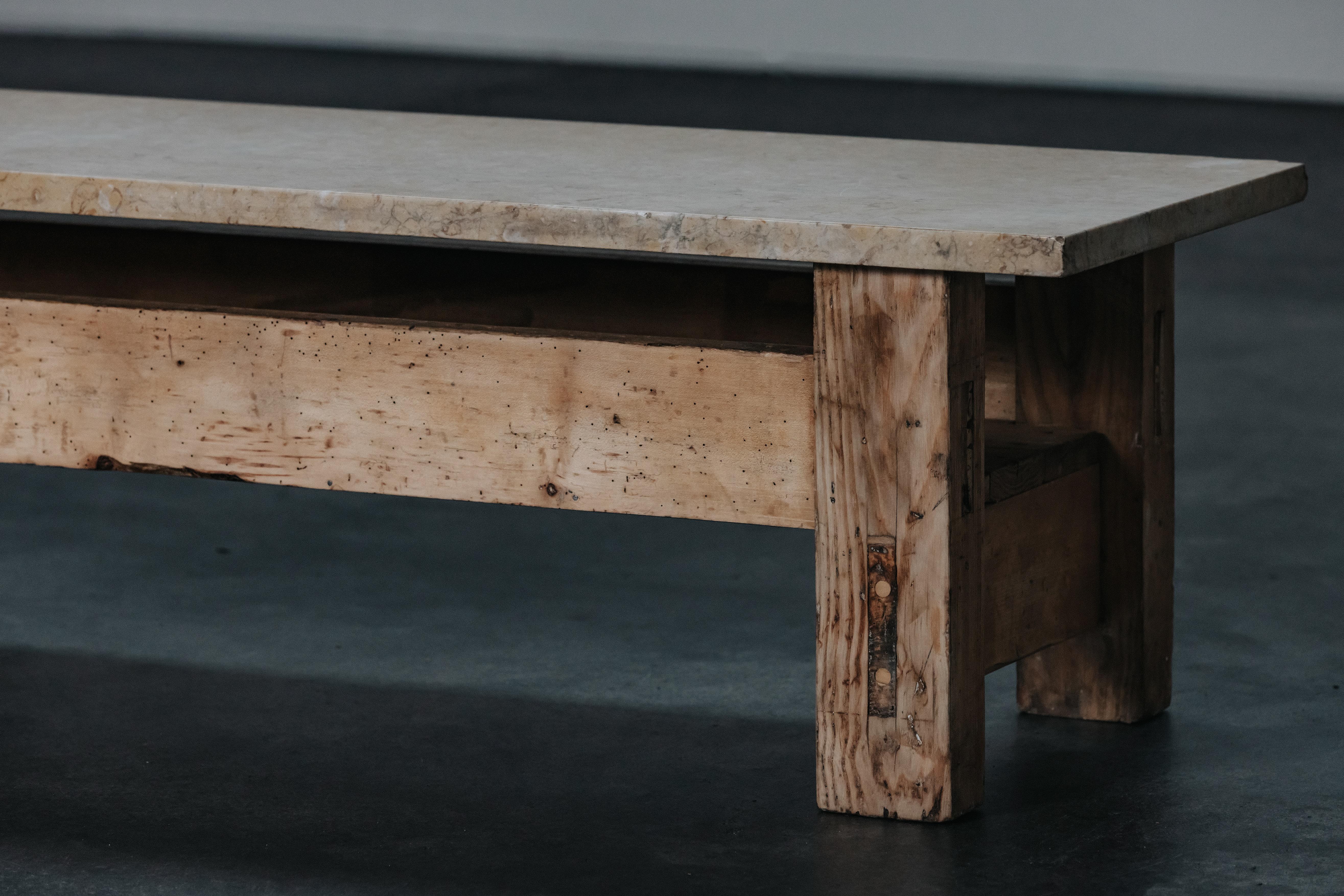 European Vintage Oak And Marble Coffee Table From France, Circa 1970s For Sale