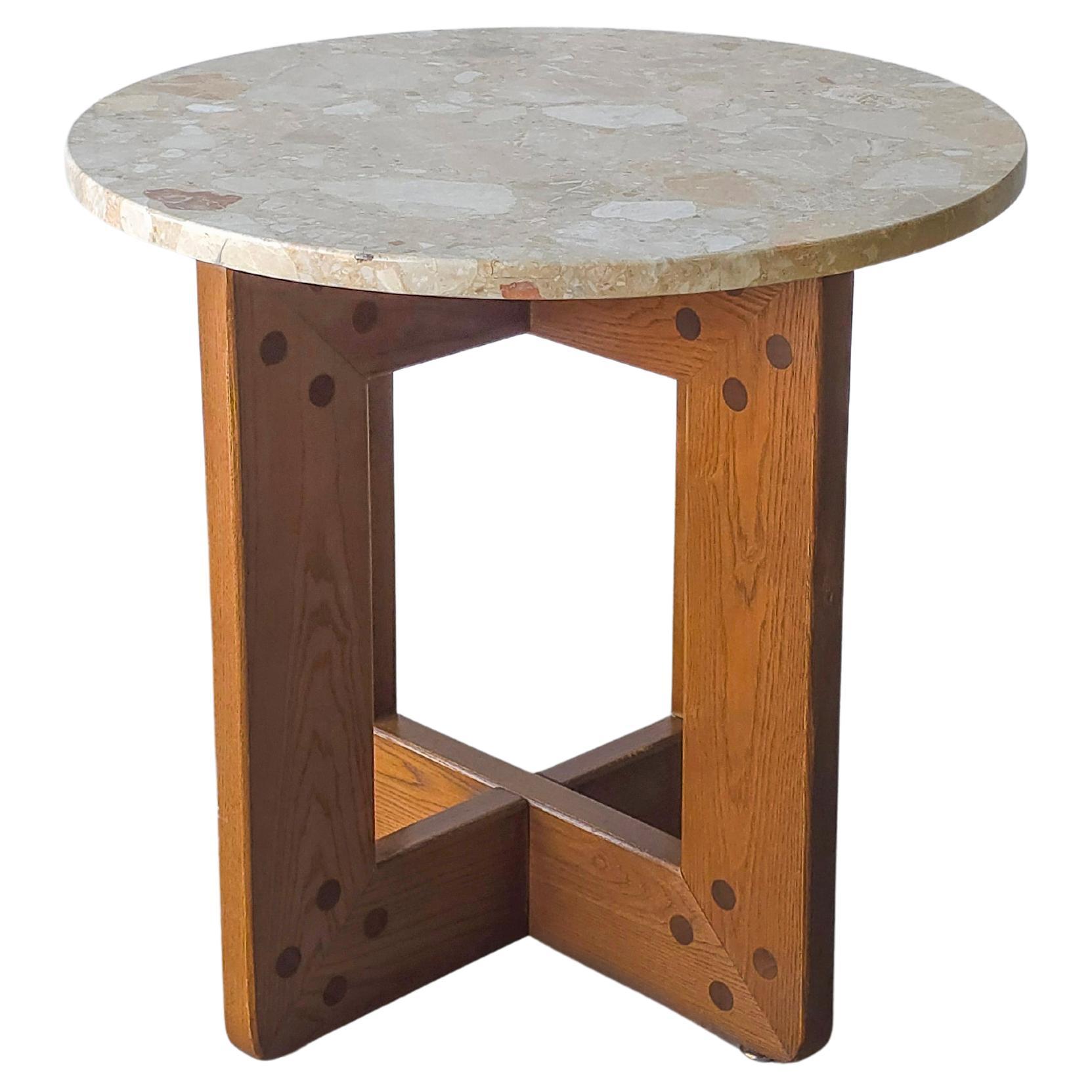 Vintage Oak and Marble Craftsman Side Table For Sale
