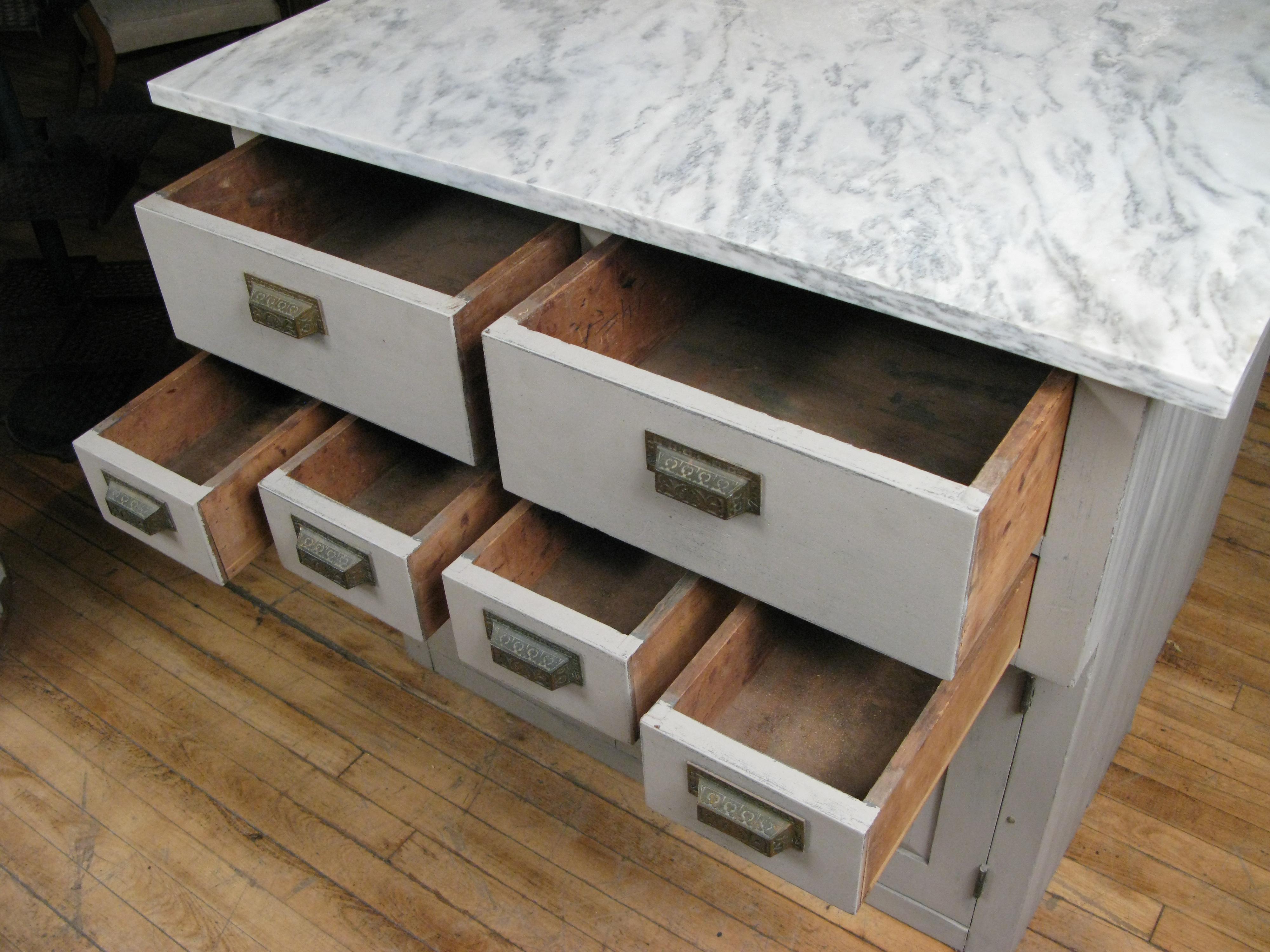 American Vintage Oak and Marble Double Sided Kitchen Storage Island