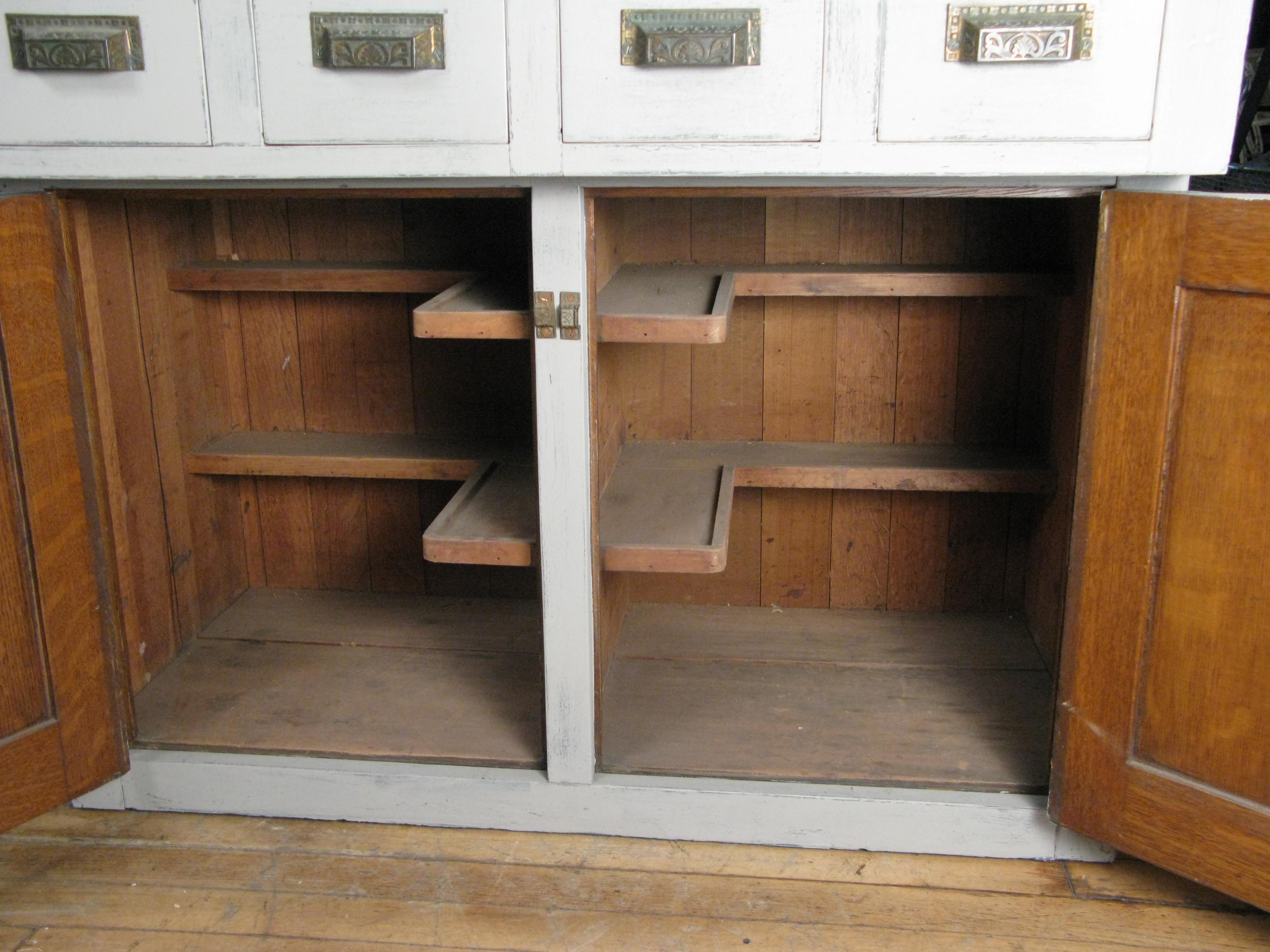 Vintage Oak and Marble Double Sided Kitchen Storage Island In Good Condition In Hudson, NY