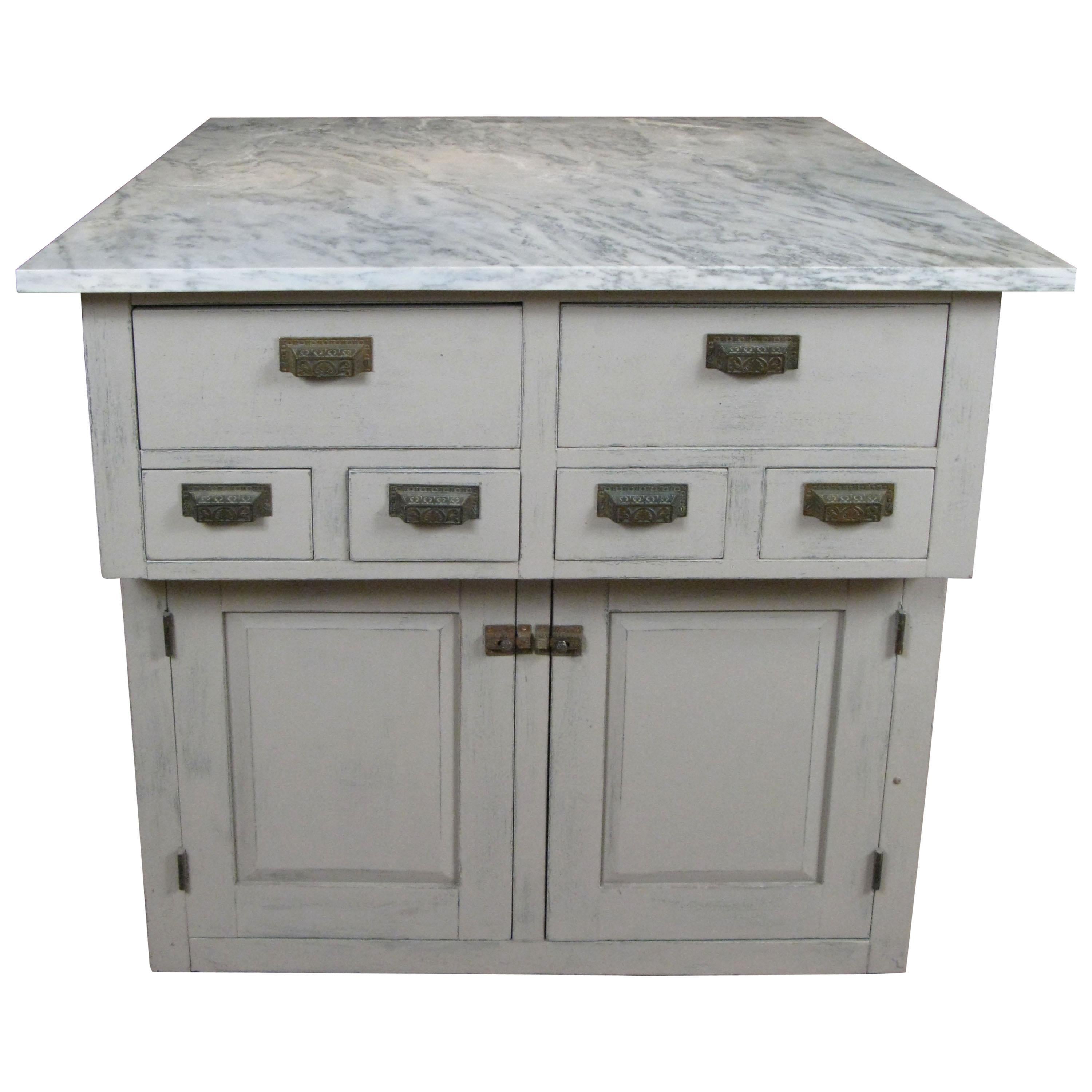 Vintage Oak and Marble Double Sided Kitchen Storage Island