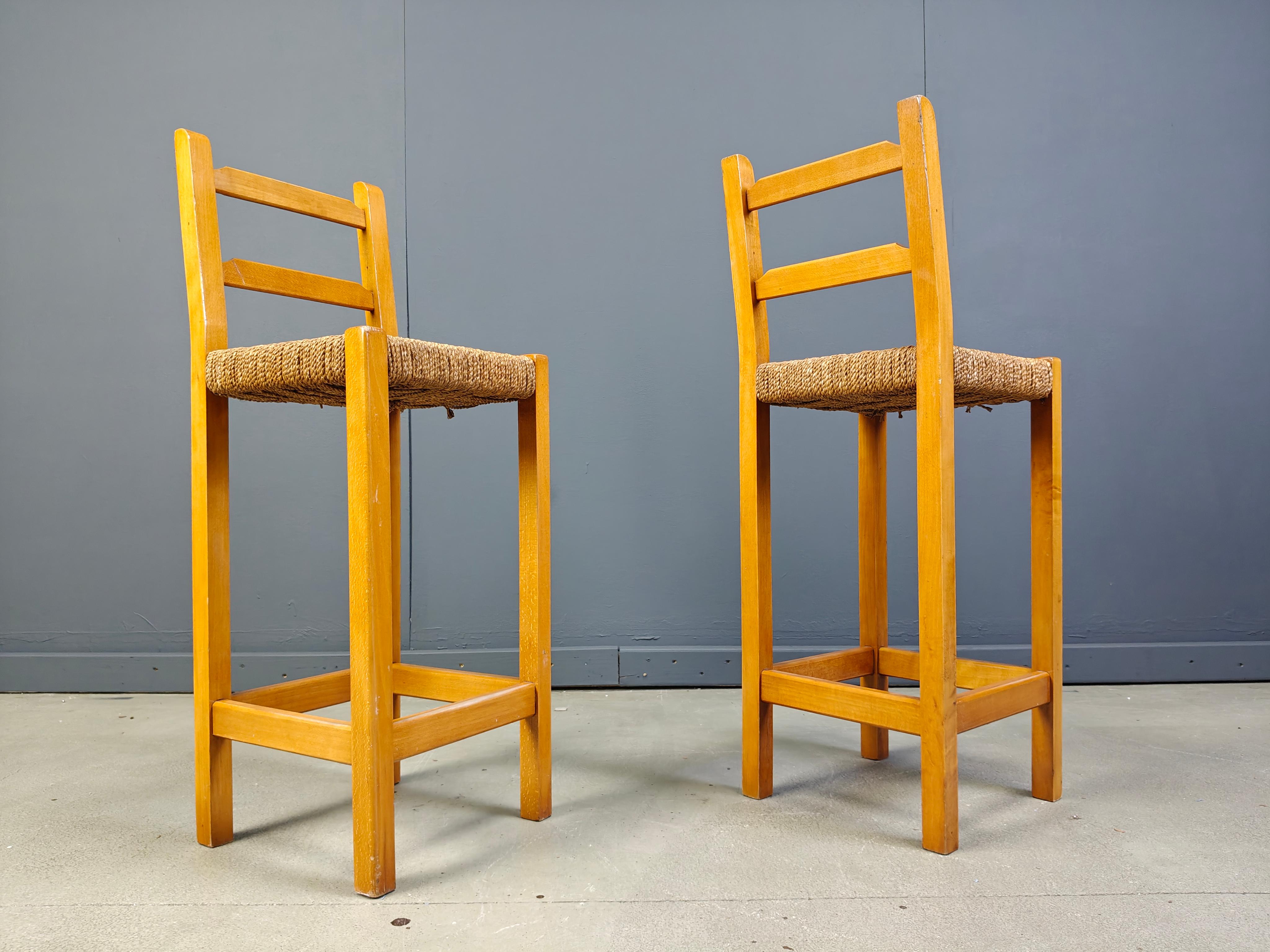 Vintage Barhocker aus Eiche und Papierkordel, 1960er Jahre (Rustikal) im Angebot