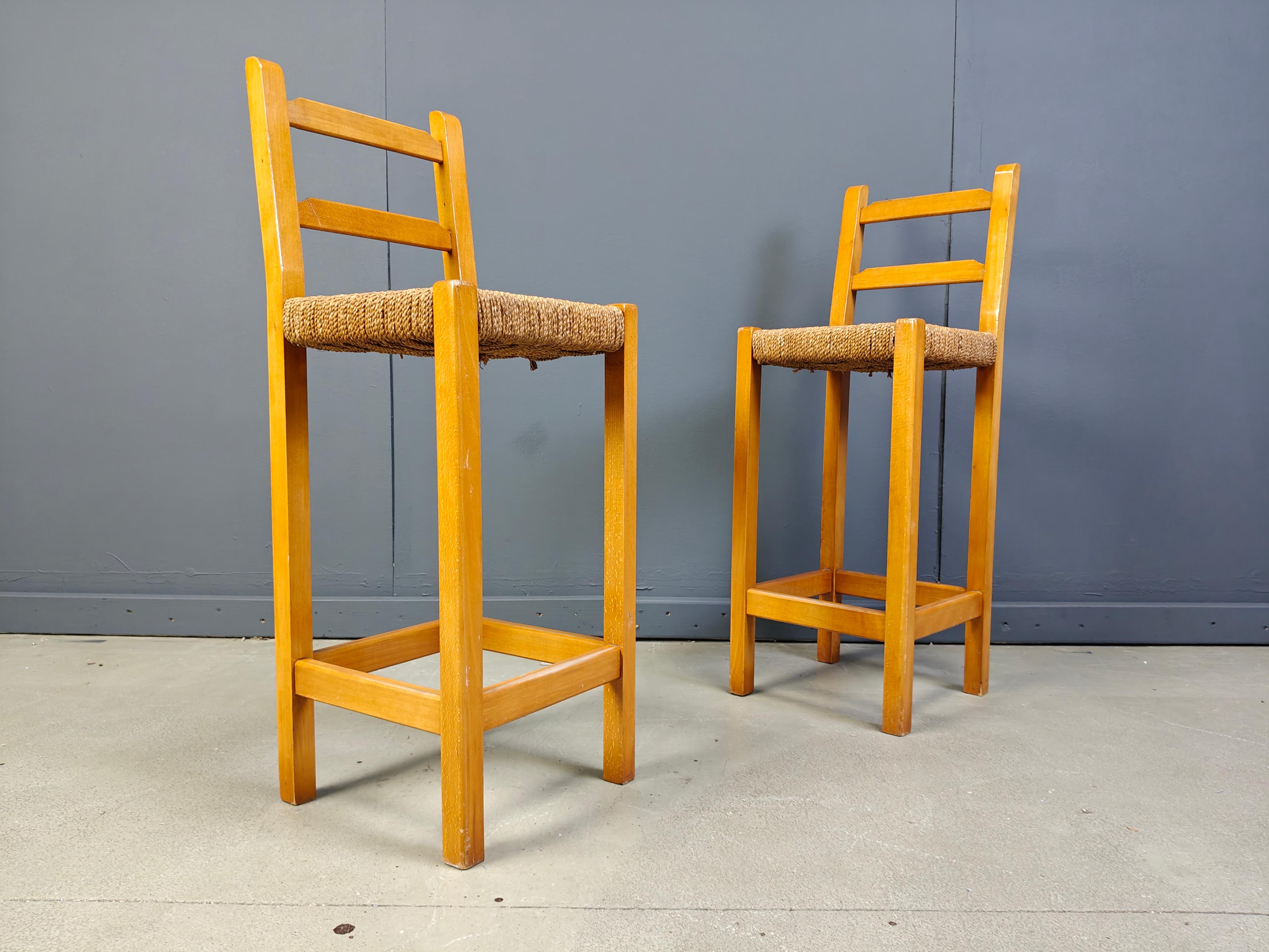 Vintage Barhocker aus Eiche und Papierkordel, 1960er Jahre (Mitte des 20. Jahrhunderts) im Angebot