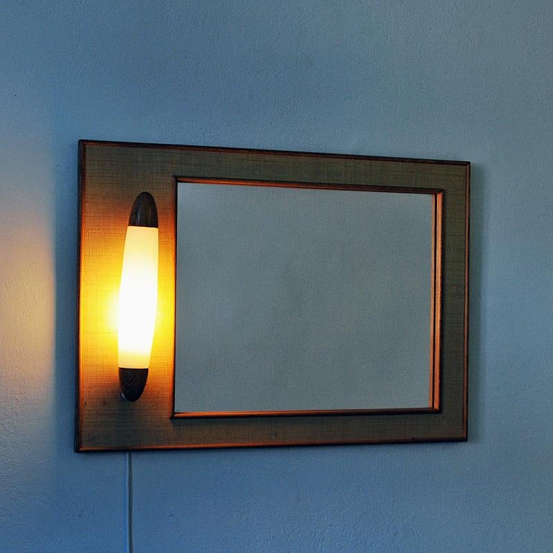 Mid-Century Modern Vintage Oak and Rattan Wallmirror with Light by Fröseke, Sweden, 1960s