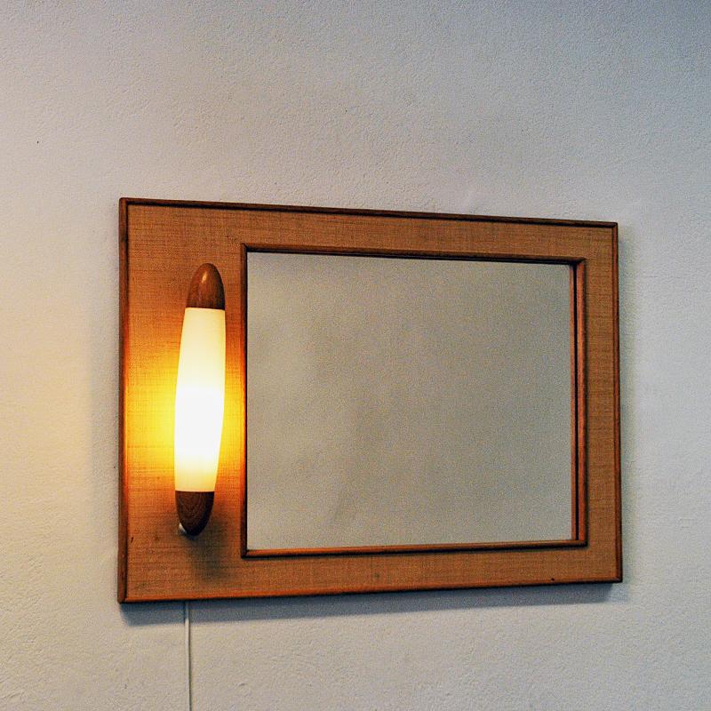 Mid-20th Century Vintage Oak and Rattan Wallmirror with Light by Fröseke, Sweden, 1960s