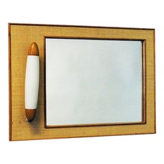 Vintage Oak and Rattan Wallmirror with Light by Fröseke, Sweden, 1960s