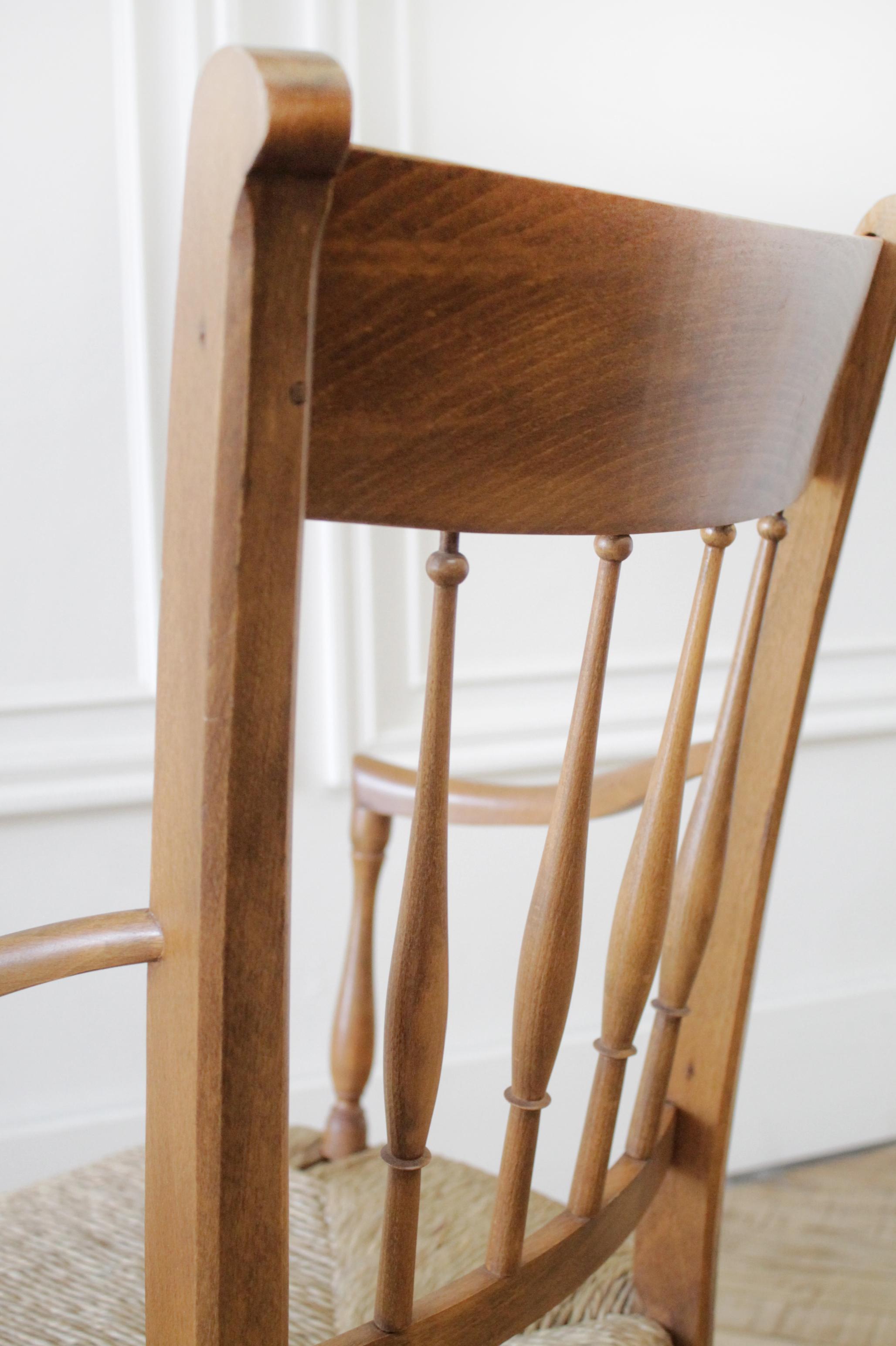 Vintage Oak and Rush Seat Armchairs 3