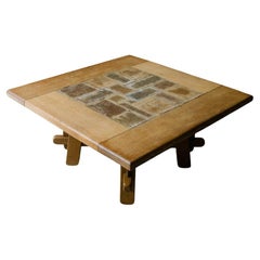 Vintage Oak and Slate Tile Coffee Table From France, Circa 1970