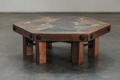 Vintage Oak and Stone Coffee Table From France, Circa 1960