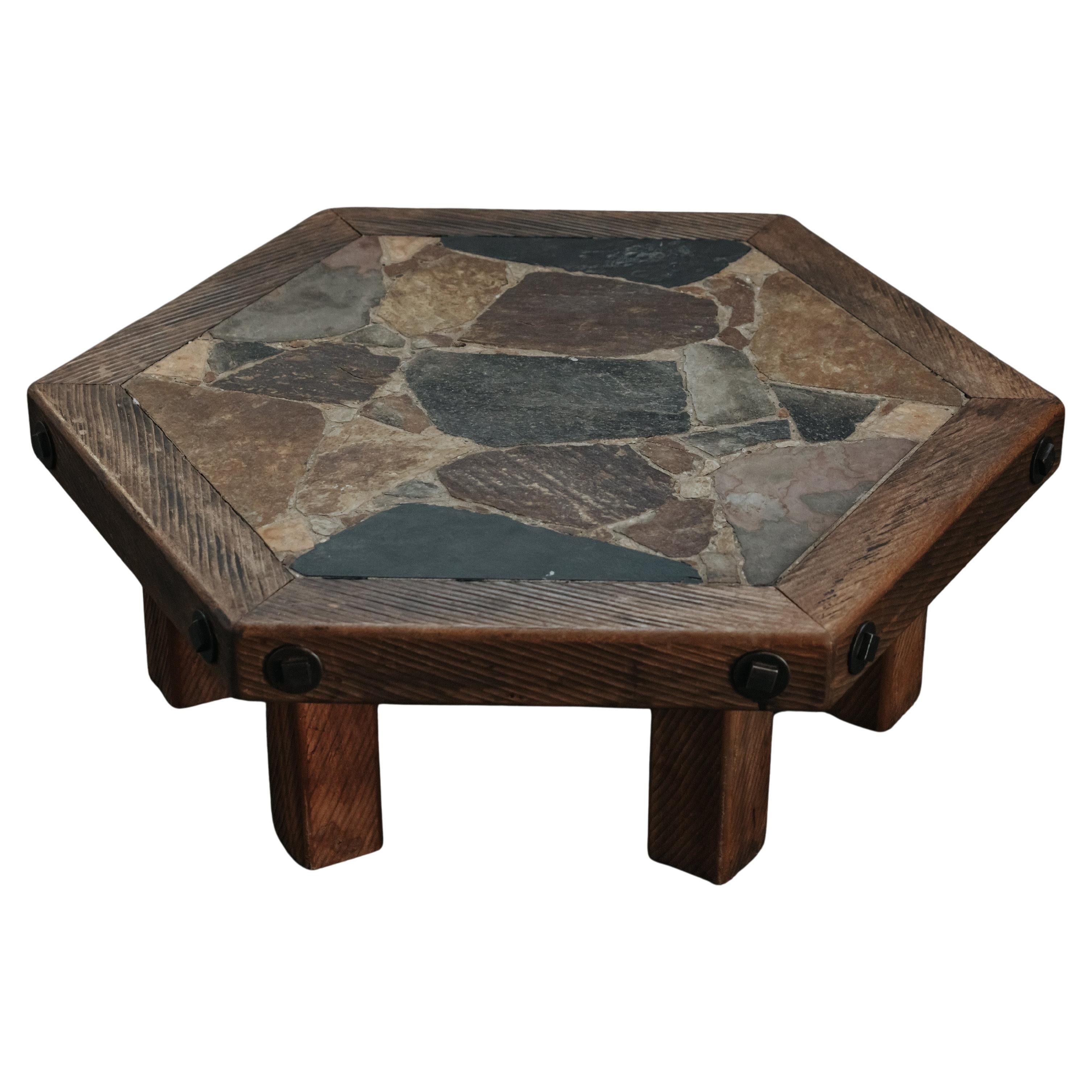 Mesa baja vintage de roble y piedra, Francia, circa 1960