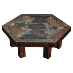 Vintage Oak and Stone Coffee Table From France, Circa 1960