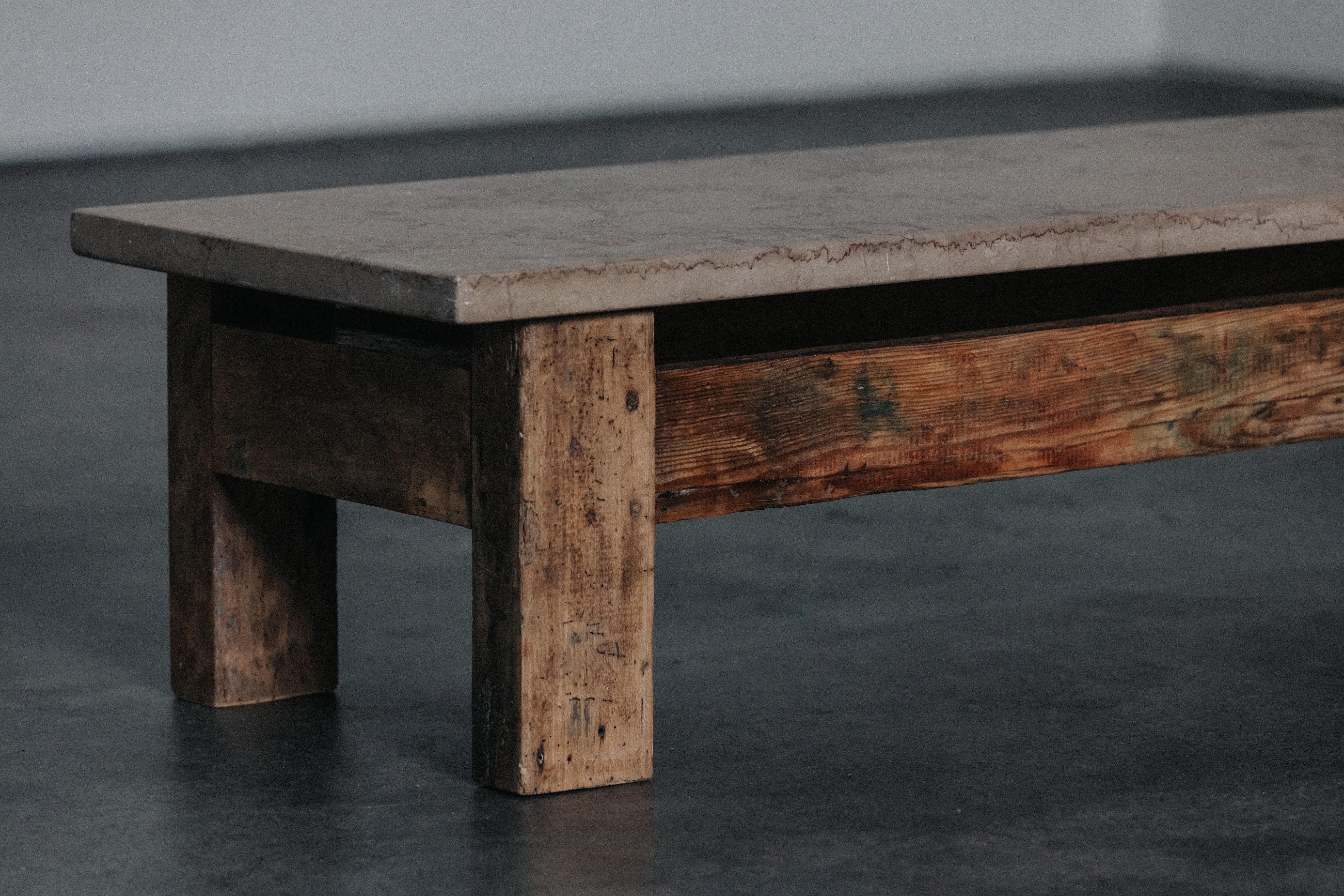 Vintage Oak And Stone Coffee Table From France,  Circa 1970.  Solid oak base with nice wear and use.