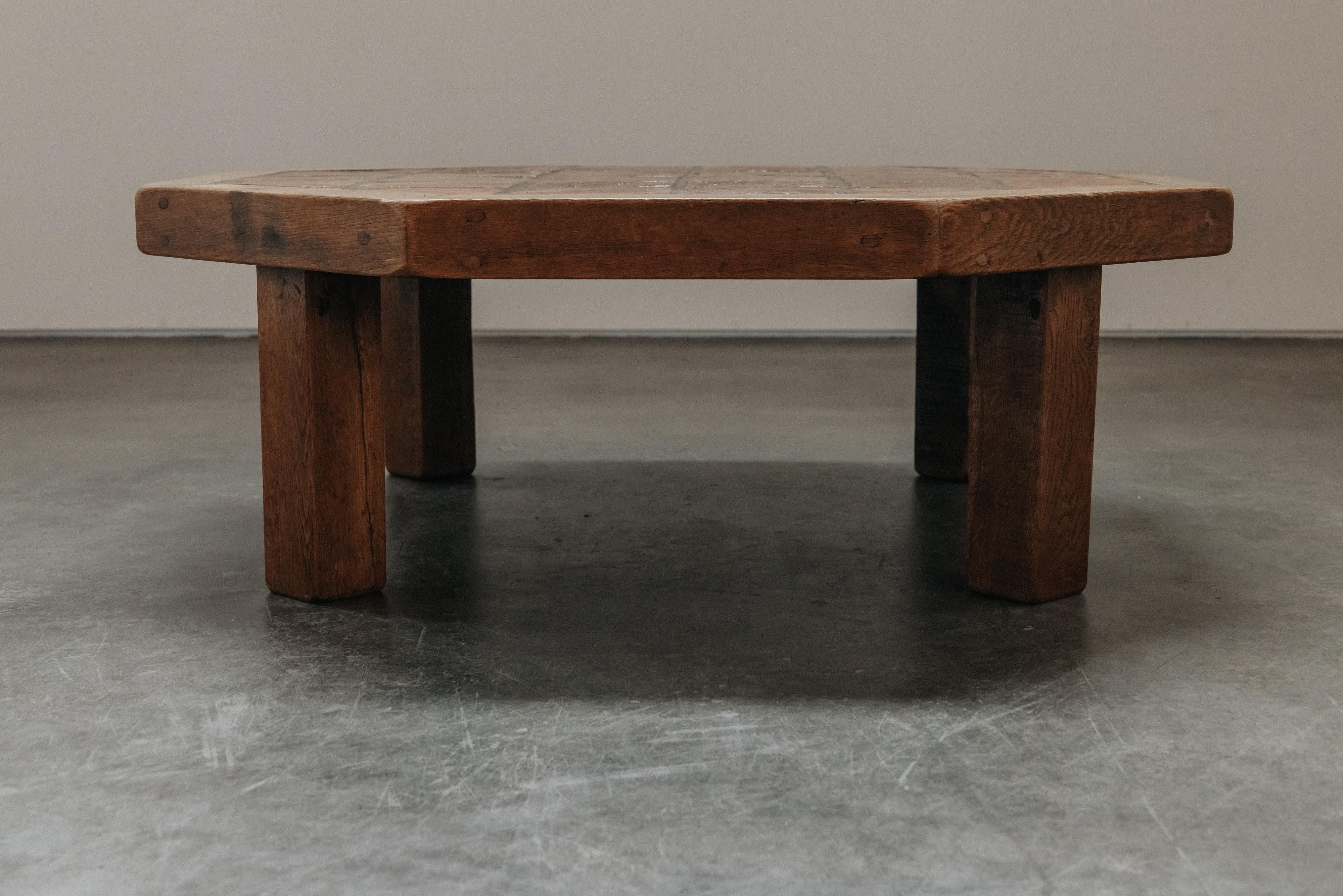 European Vintage Oak and Tile Coffee Table From France, Circa 1970 For Sale