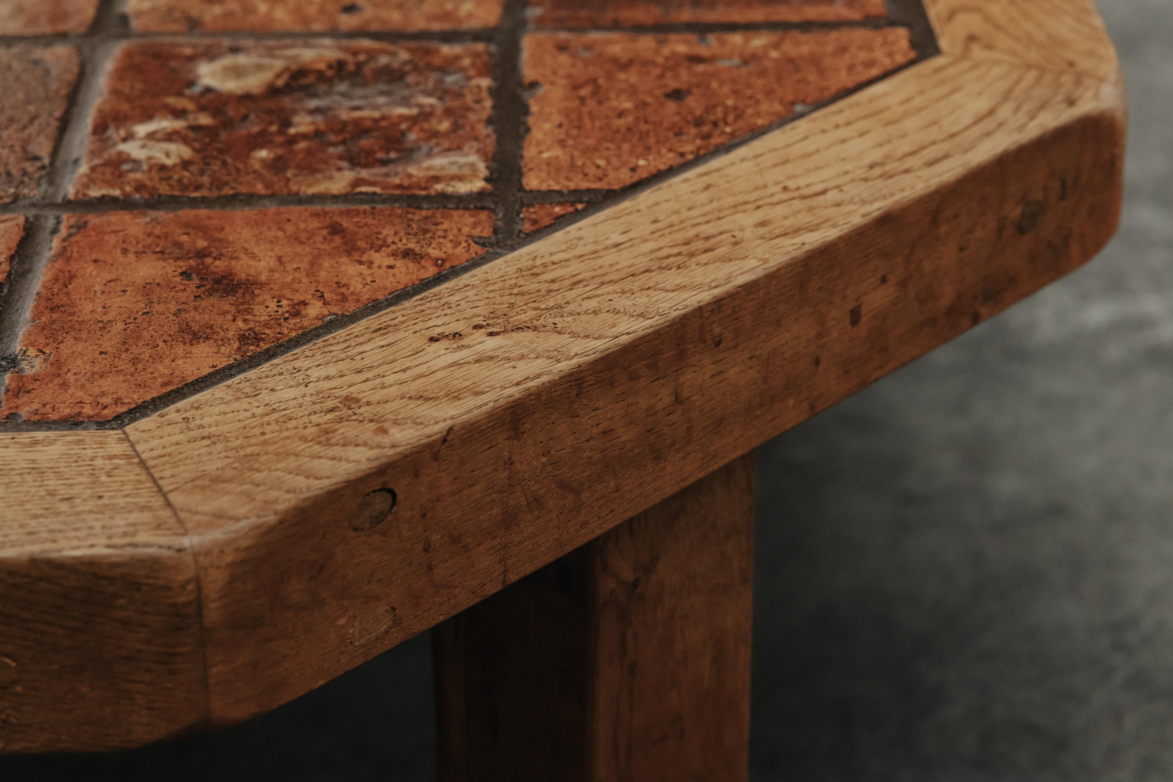Late 20th Century Vintage Oak and Tile Coffee Table From France, Circa 1970 For Sale