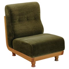 Vintage Oak And Velvet Lounge Chair By Guillerme Et Chambron, France 1970