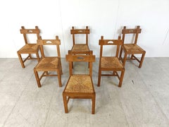 Sedie brutaliste vintage in Oak e vimini, anni '60