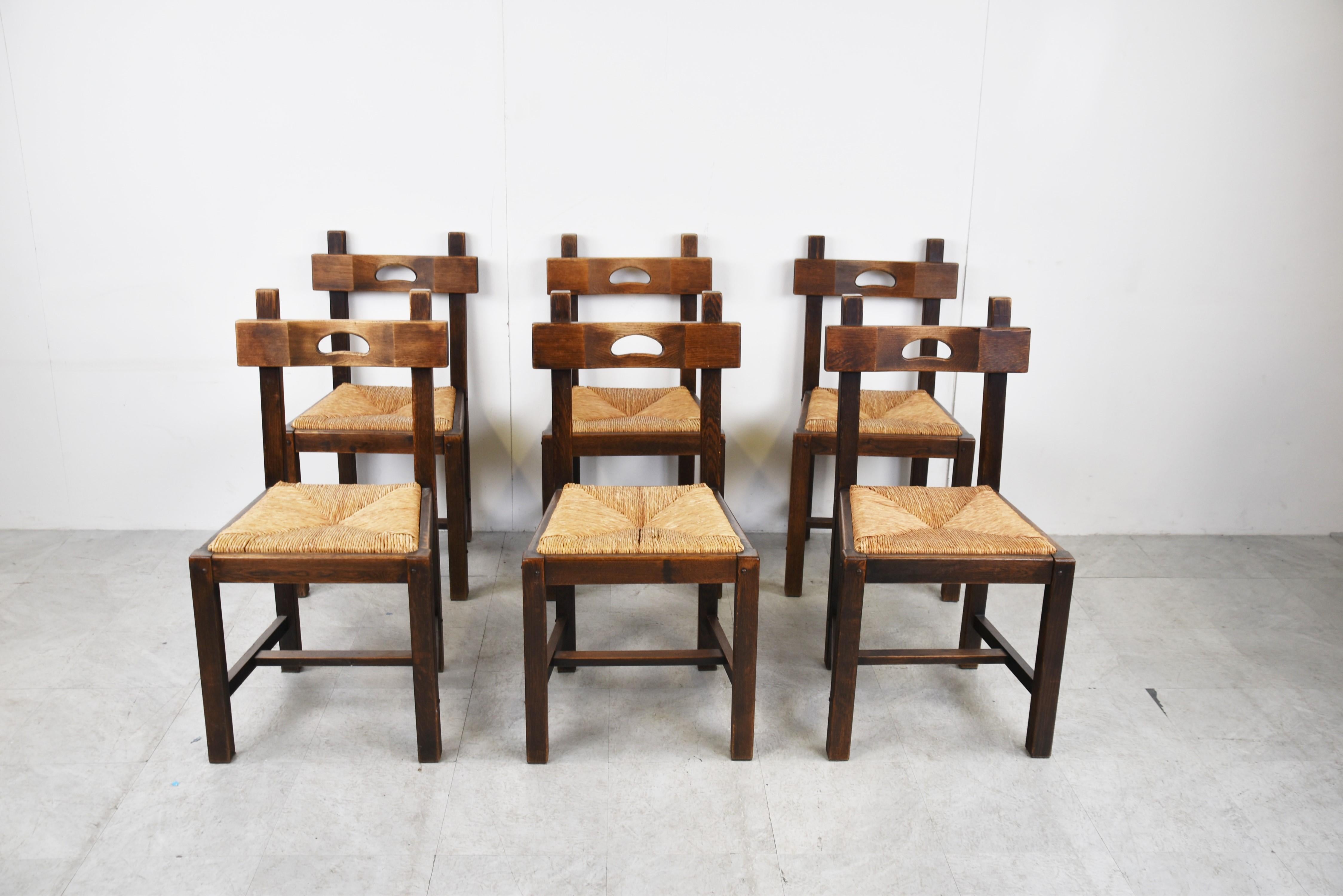 Belgian Vintage Oak and Wicker Brutalist Chairs, 1960s