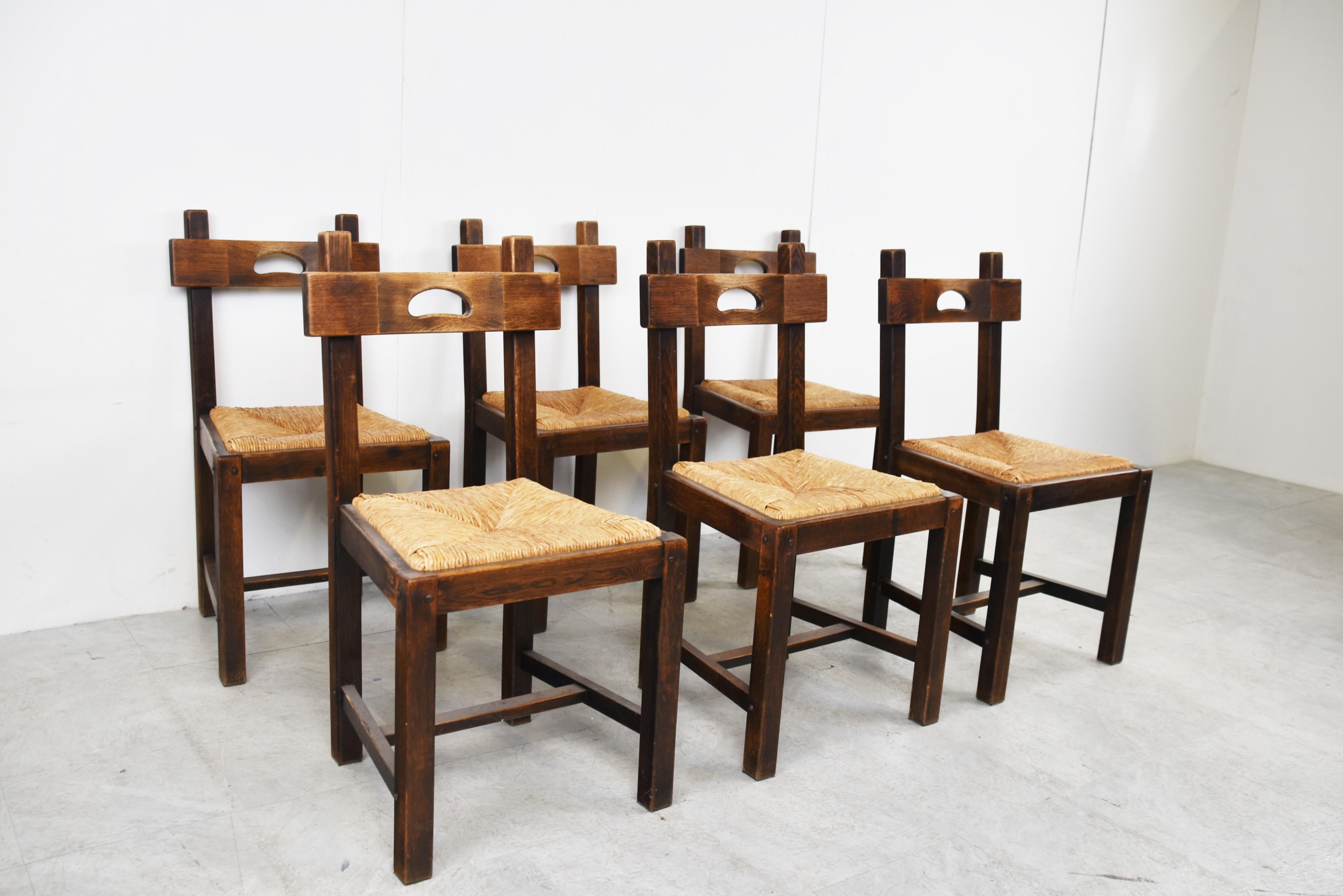 Mid-20th Century Vintage Oak and Wicker Brutalist Chairs, 1960s