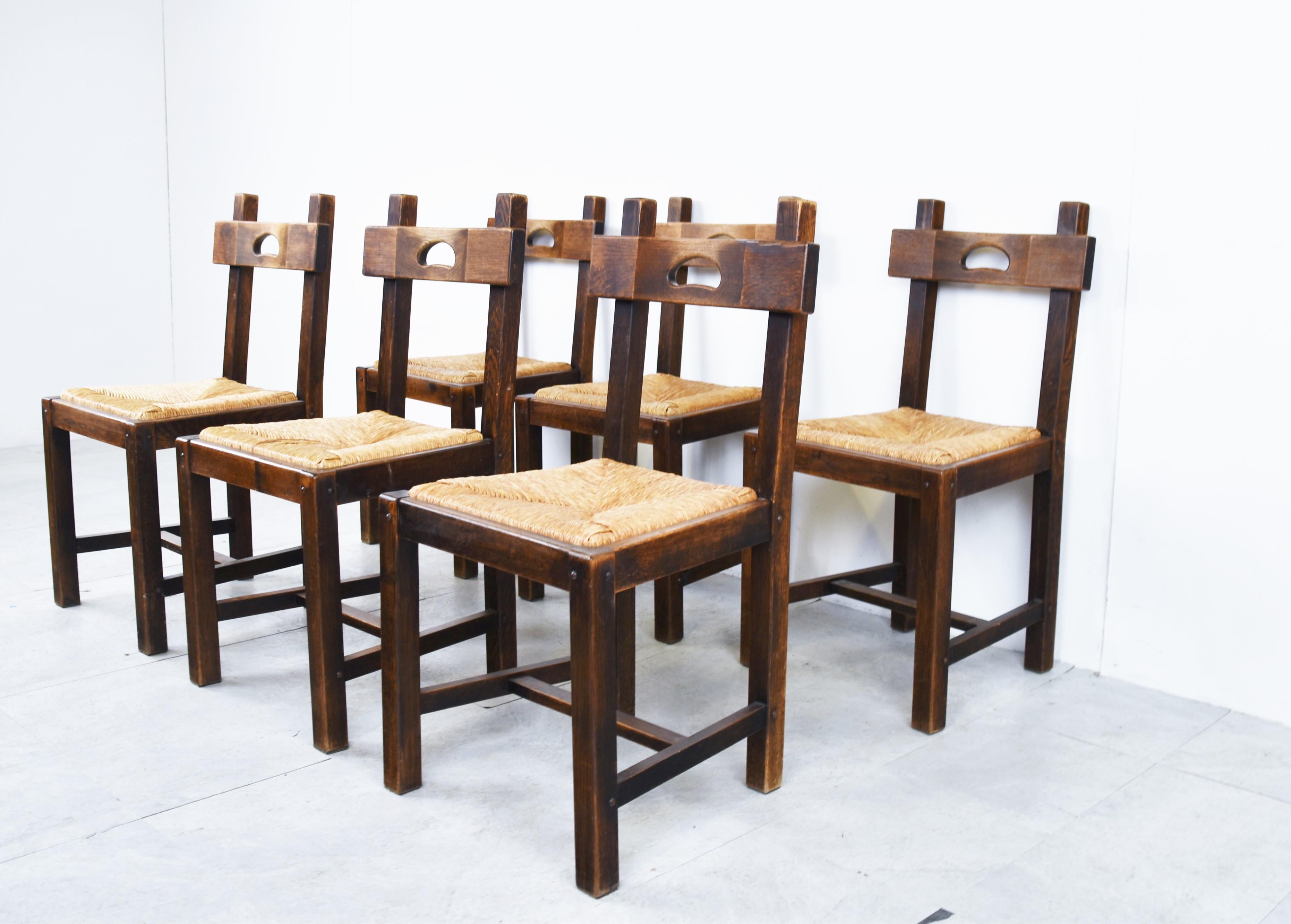 Vintage Oak and Wicker Brutalist Chairs, 1960s 1