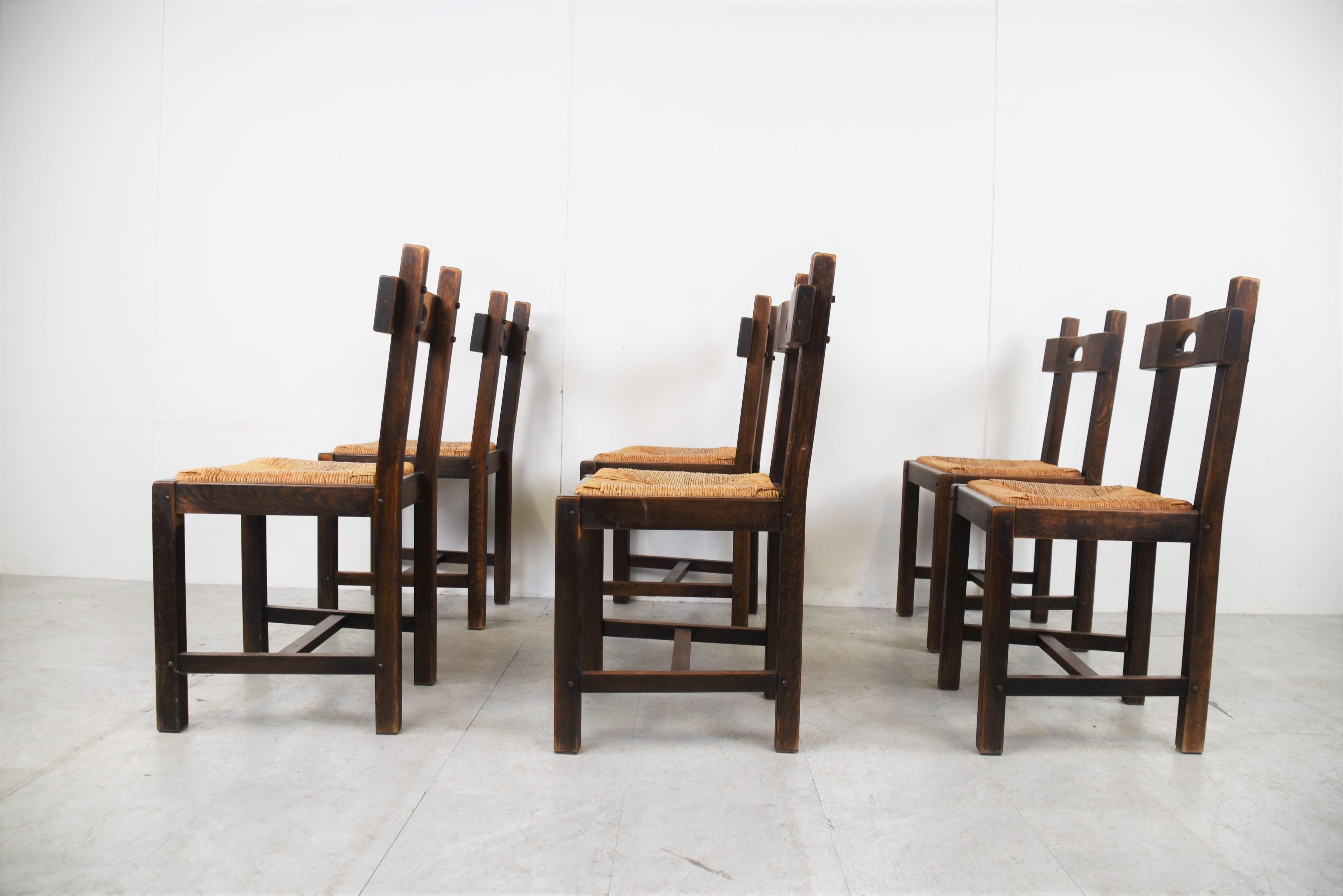 Vintage Oak and Wicker Brutalist Chairs, 1960s 2