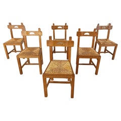 Vintage oak and wicker brutalist chairs, 1960s