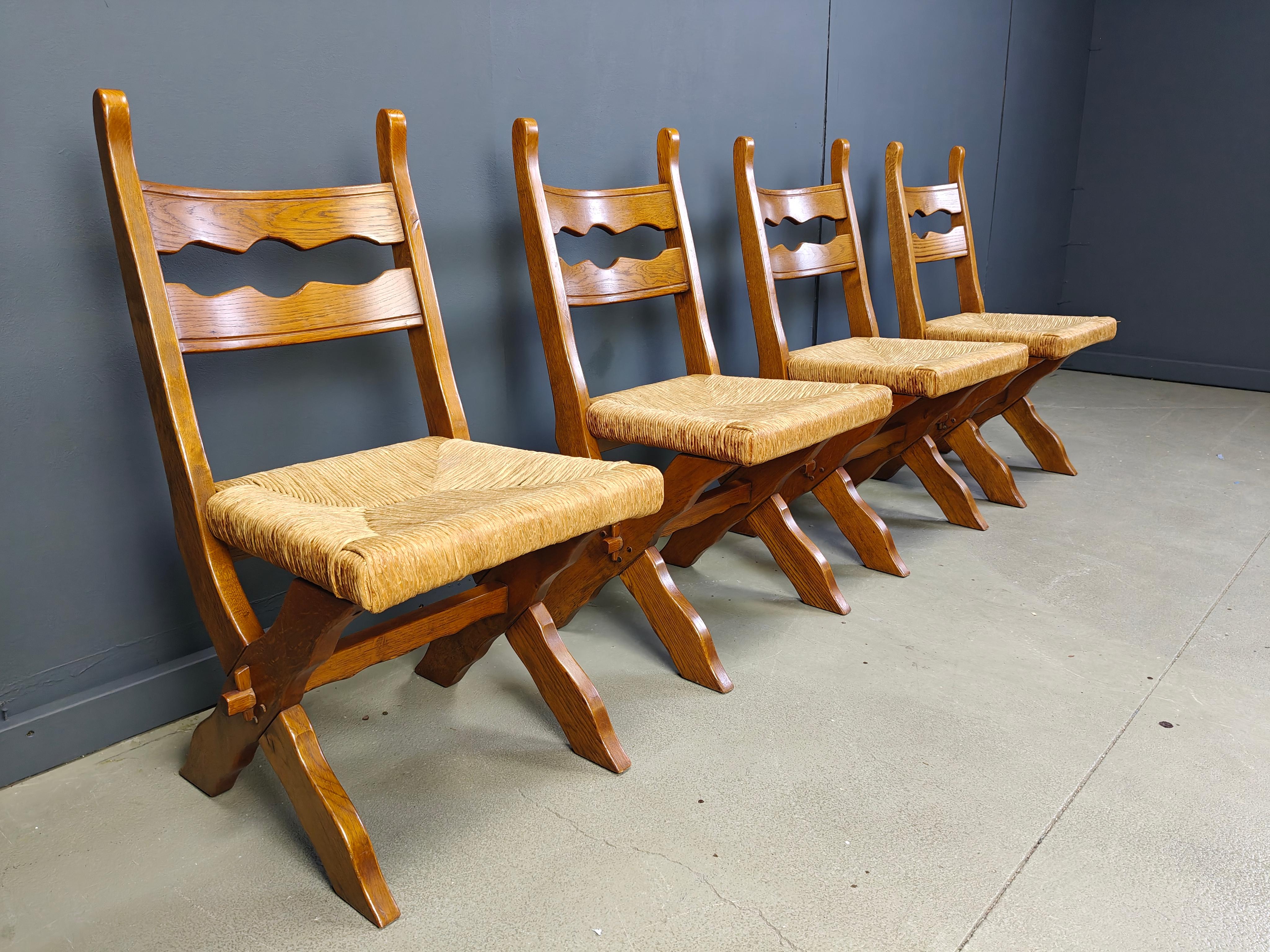 Vintage oak and wicker brutalist chairs, 1960s - set of 6 For Sale 3