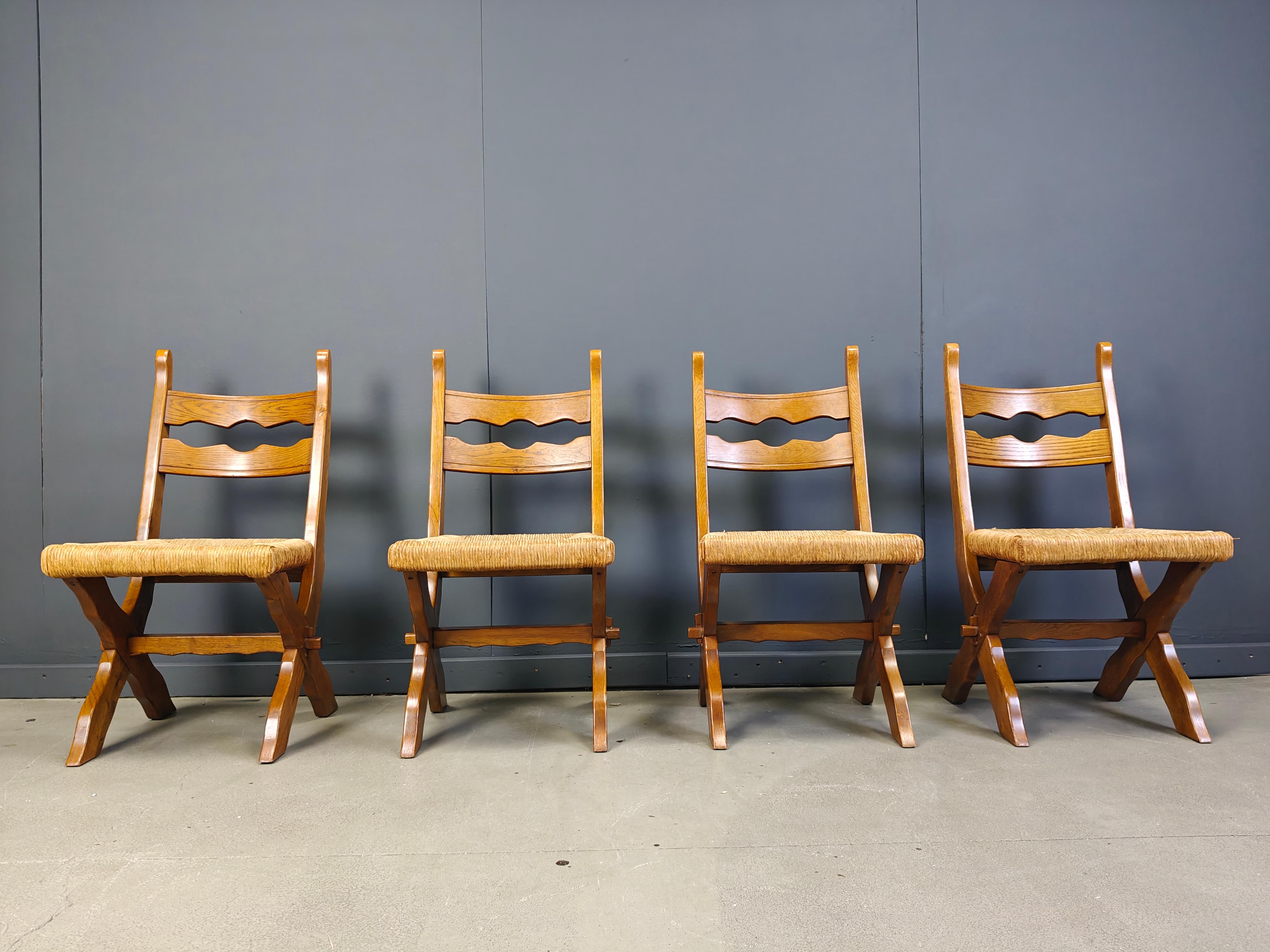 Vintage oak and wicker brutalist chairs, 1960s - set of 6 For Sale 4