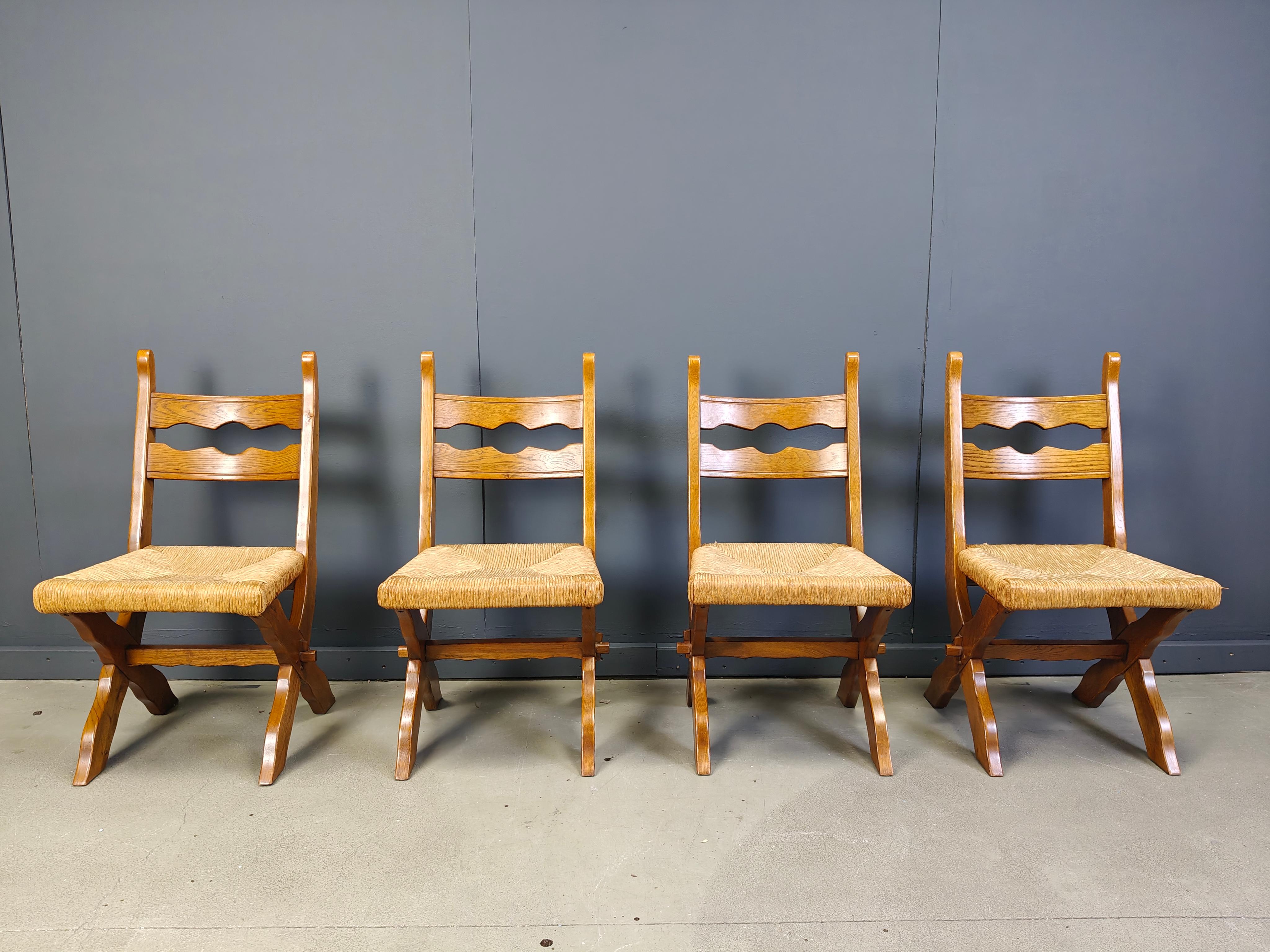 Vintage oak and wicker brutalist chairs, 1960s - set of 6 For Sale 5