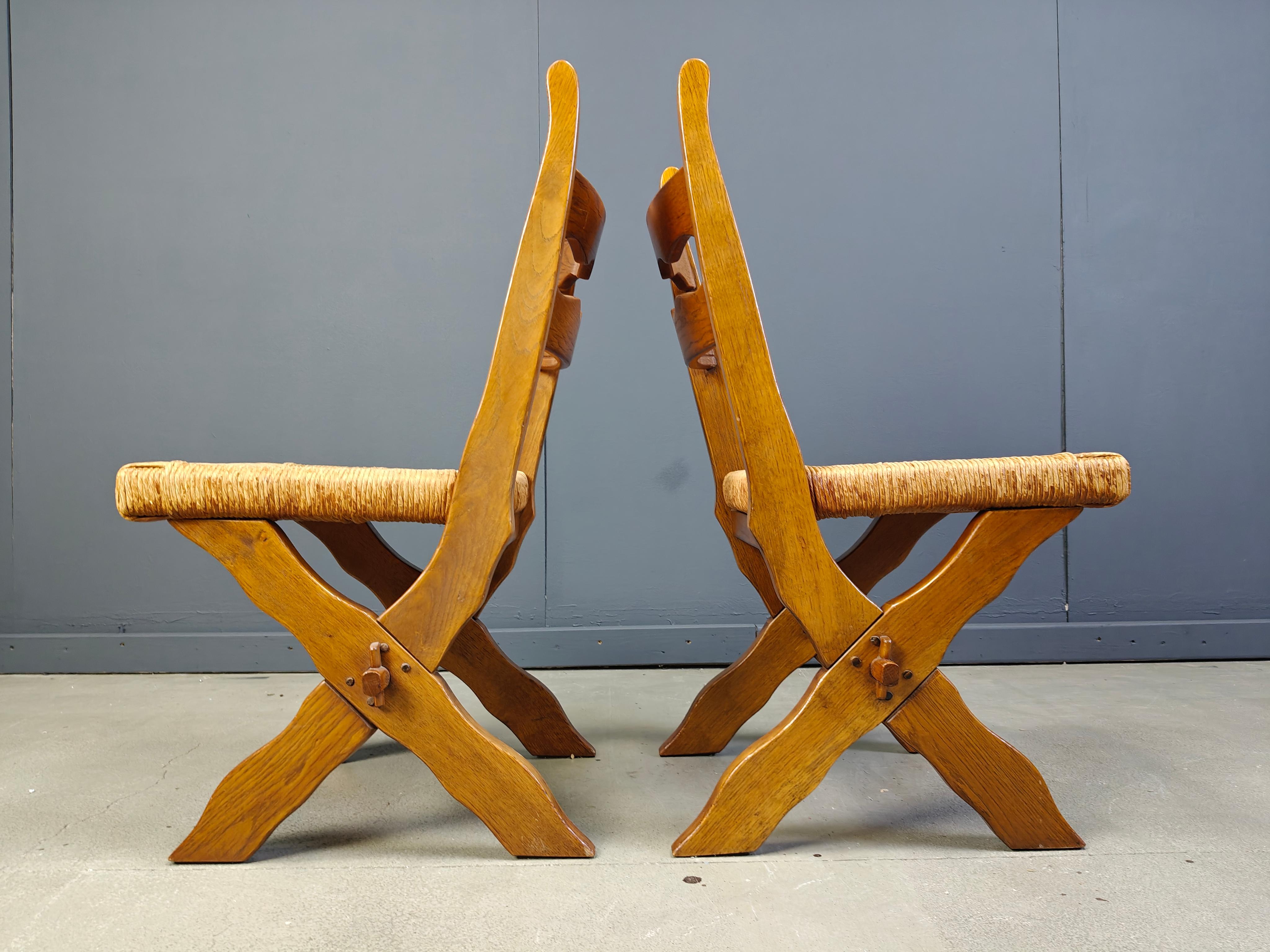 Brutalist Vintage oak and wicker brutalist chairs, 1960s - set of 6 For Sale